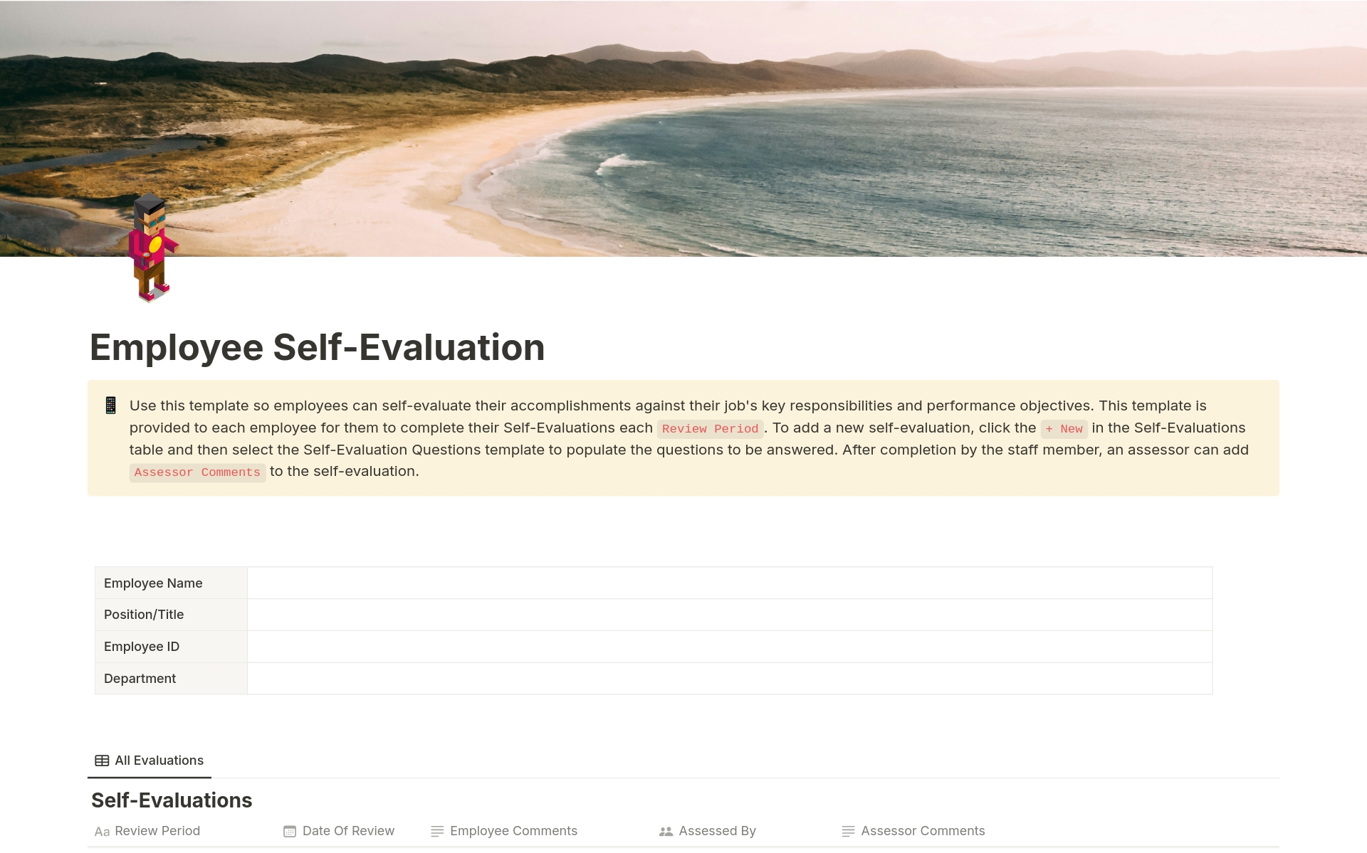 Vista previa de una plantilla para Employee Self-Evaluation