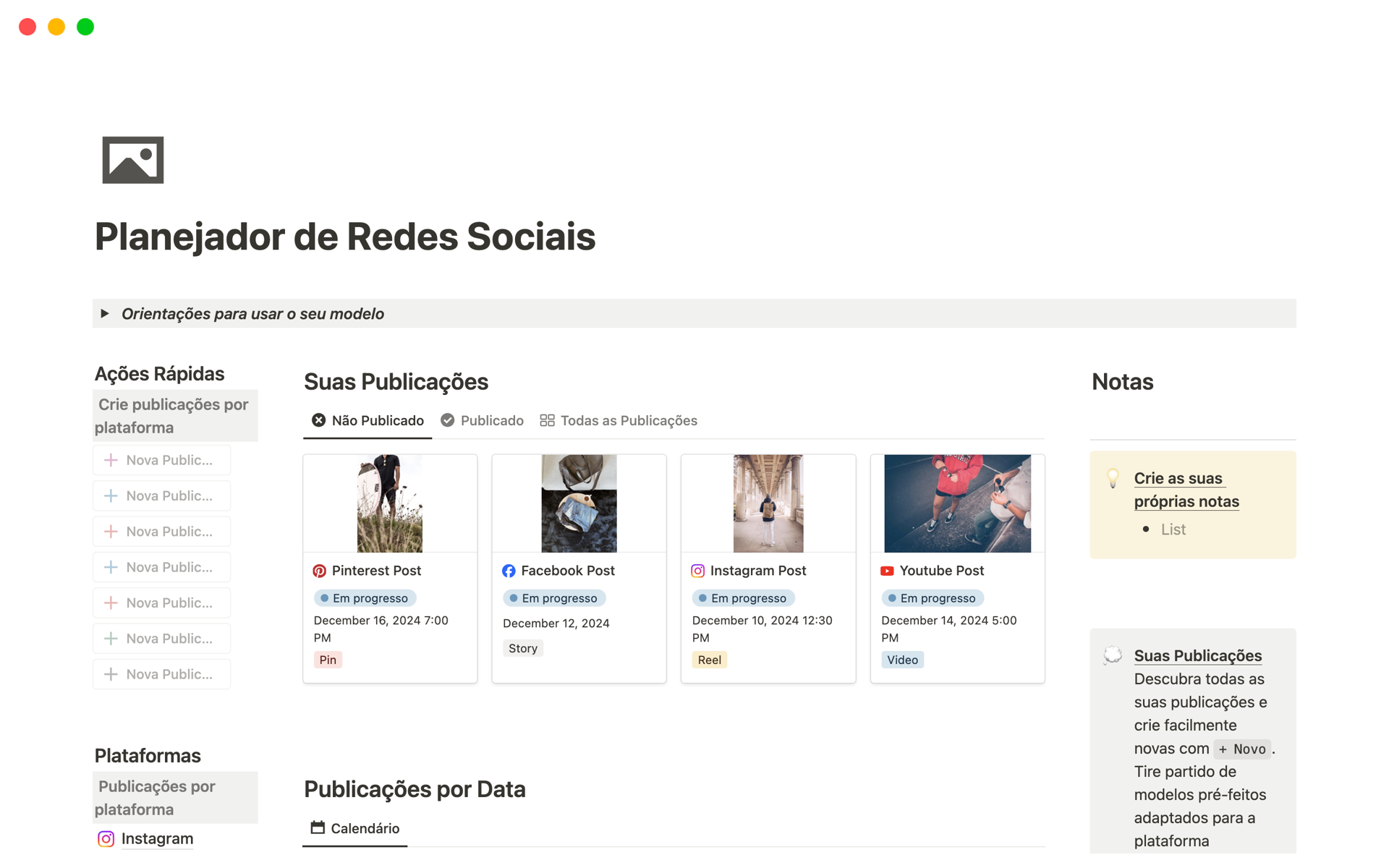 En forhåndsvisning av mal for Planejador de Redes Sociais