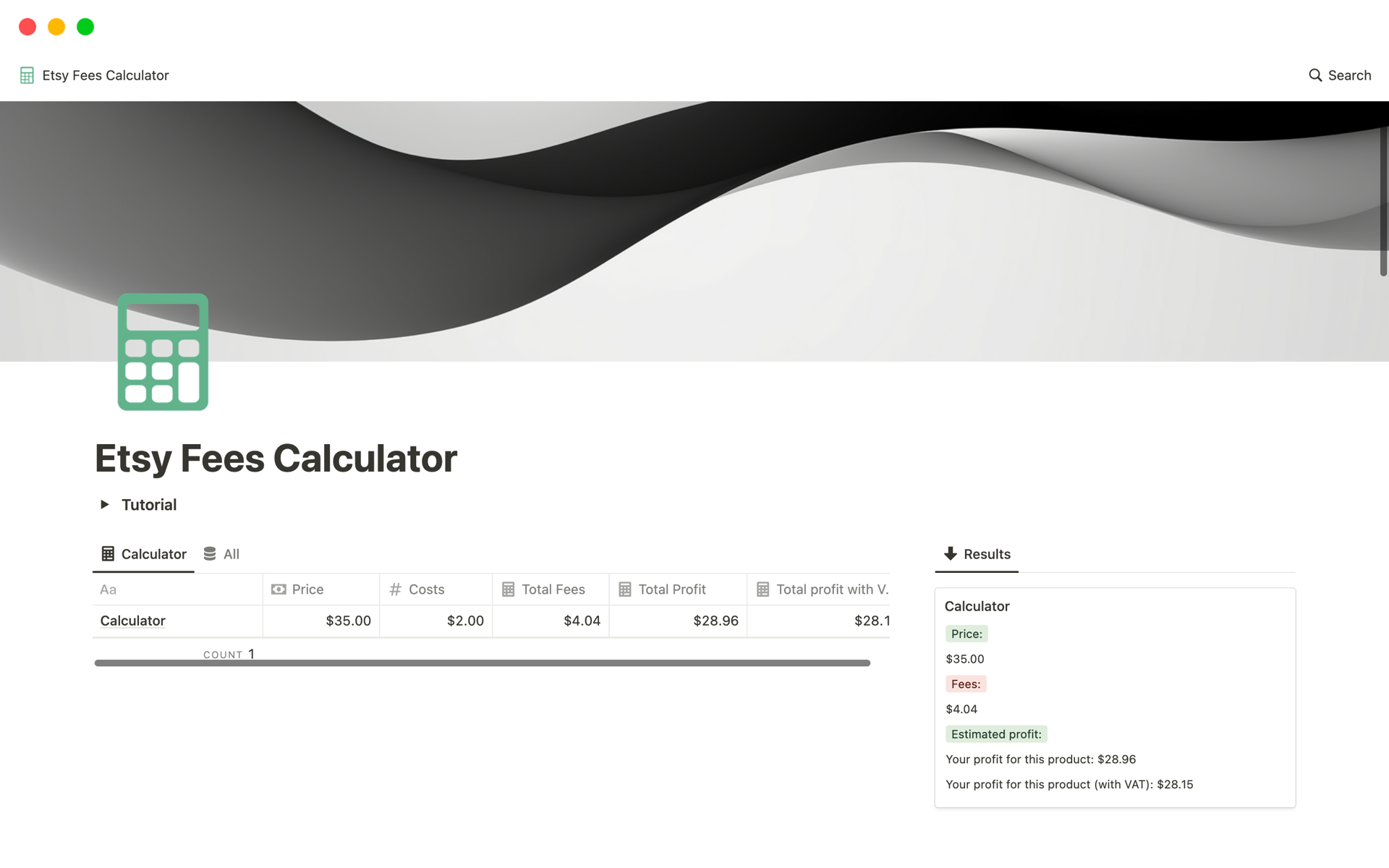 Uma prévia do modelo para Etsy Fees Calculator