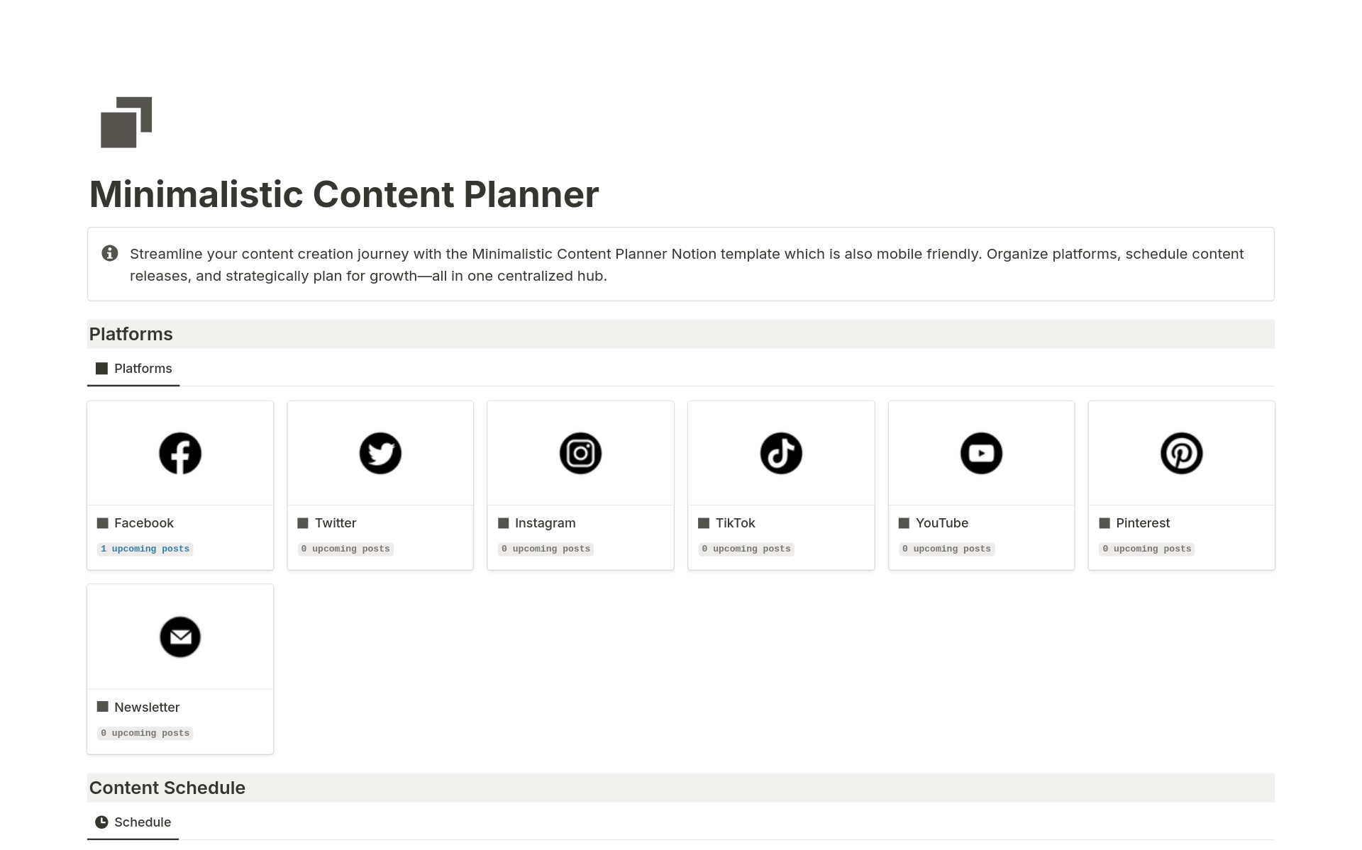 Streamline your content creation journey with the Minimalistic Content Planner Notion template which is also mobile friendly. Organize platforms, schedule content releases, and strategically plan for growth—all in one centralized hub. 