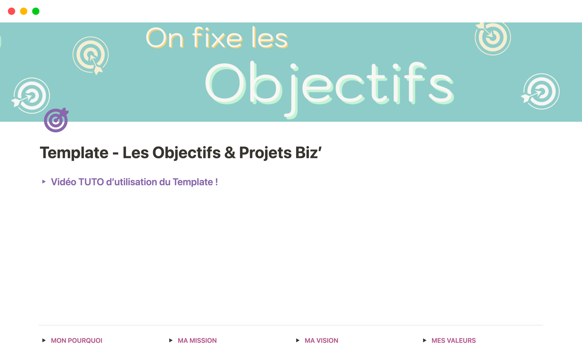 A template preview for Template - Les Objectifs & Projets Biz’
