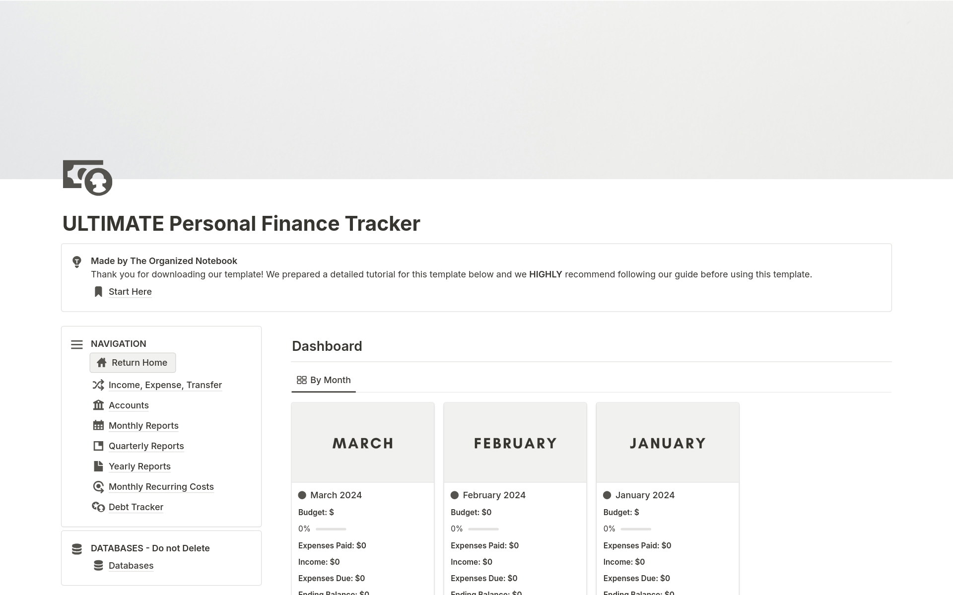 Uma prévia do modelo para ULTIMATE Personal Finance Tracker