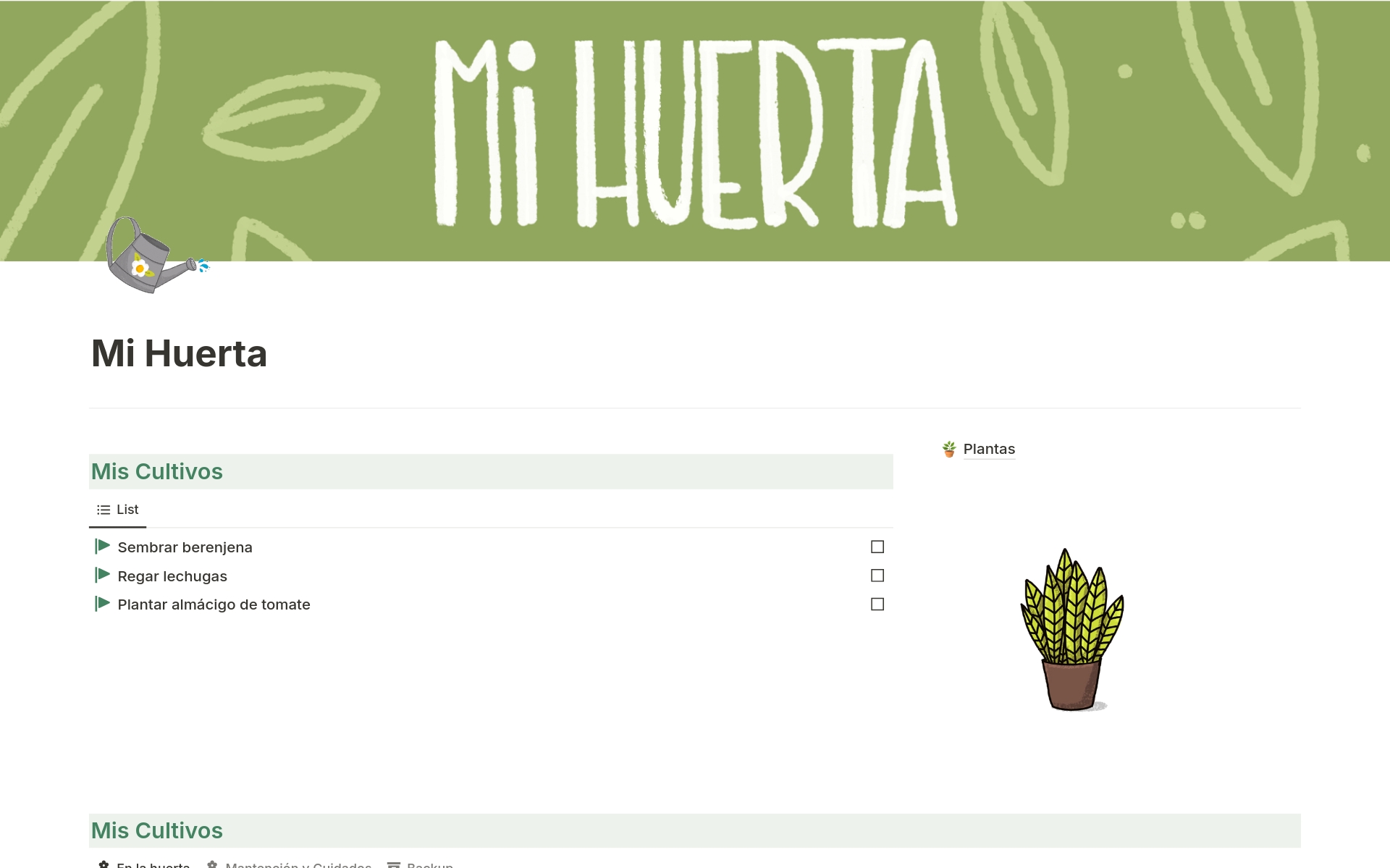 A template preview for Organizador de Huerta