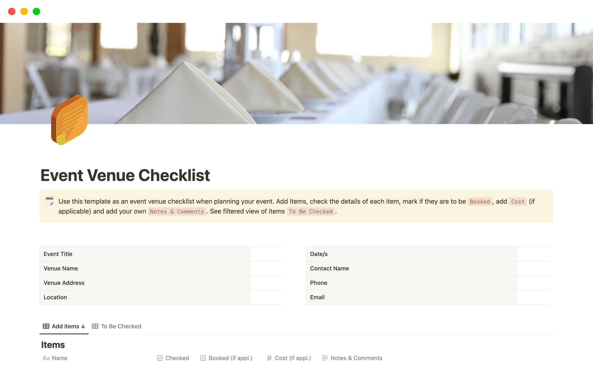 Use this template as an event venue checklist when planning your event.