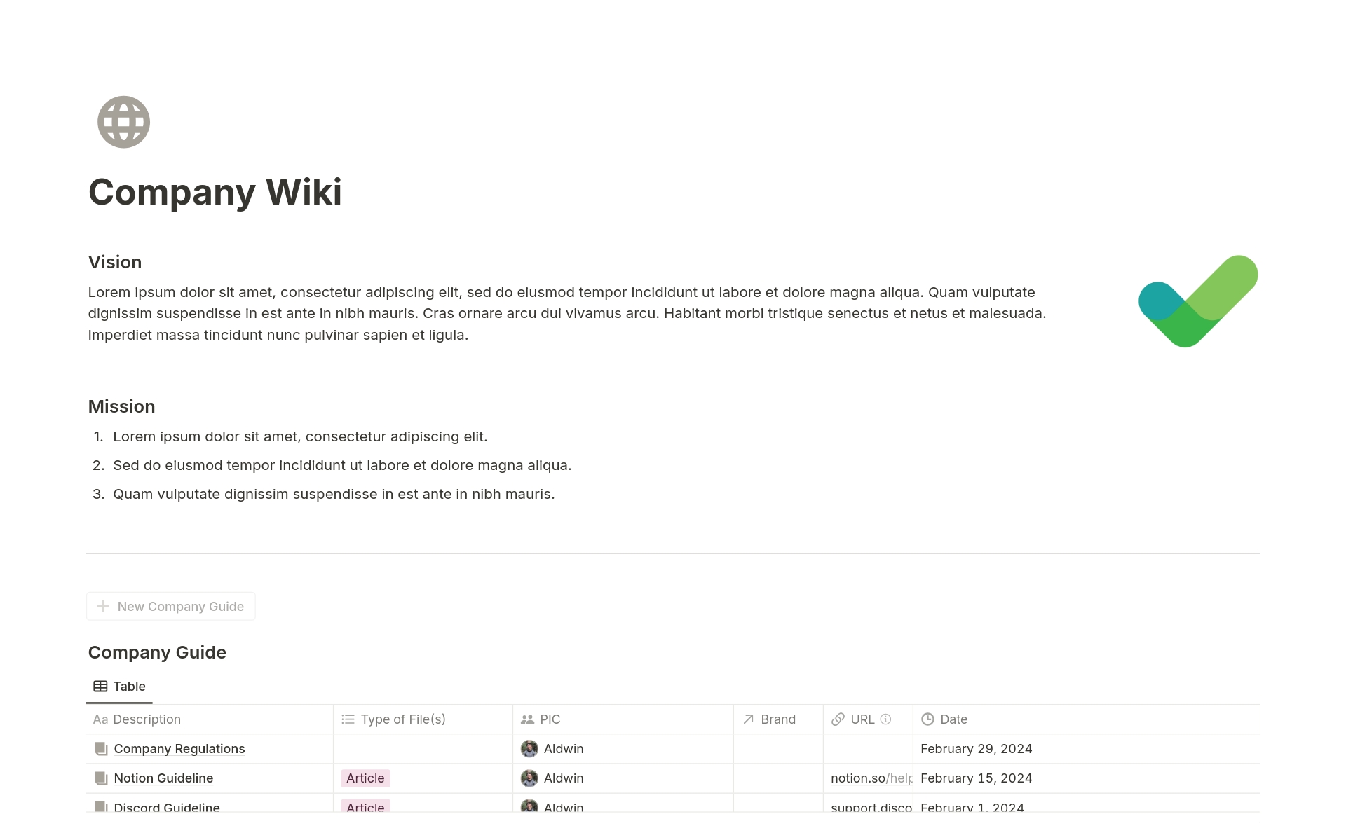 Vista previa de una plantilla para Company Wiki & Guideline
