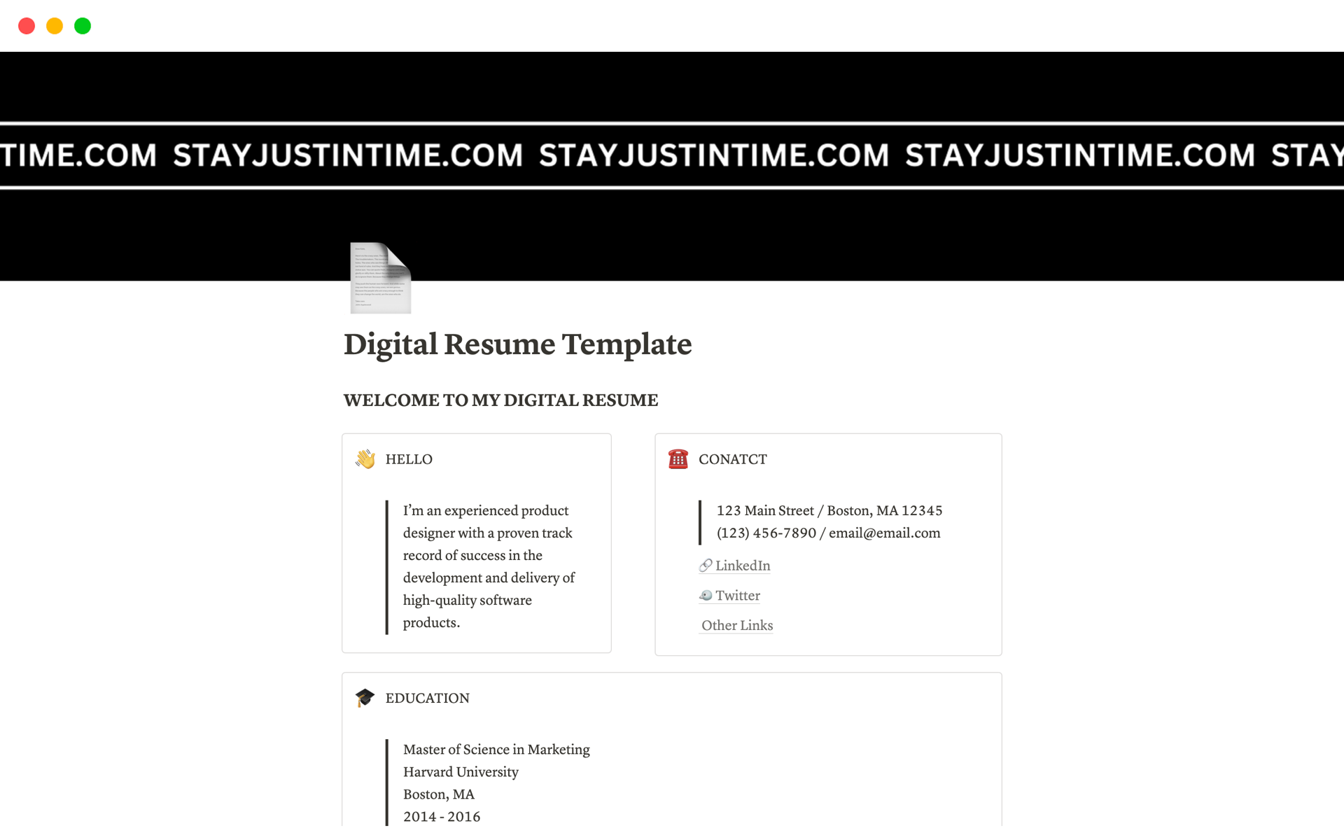 Digital Resumeのテンプレートのプレビュー