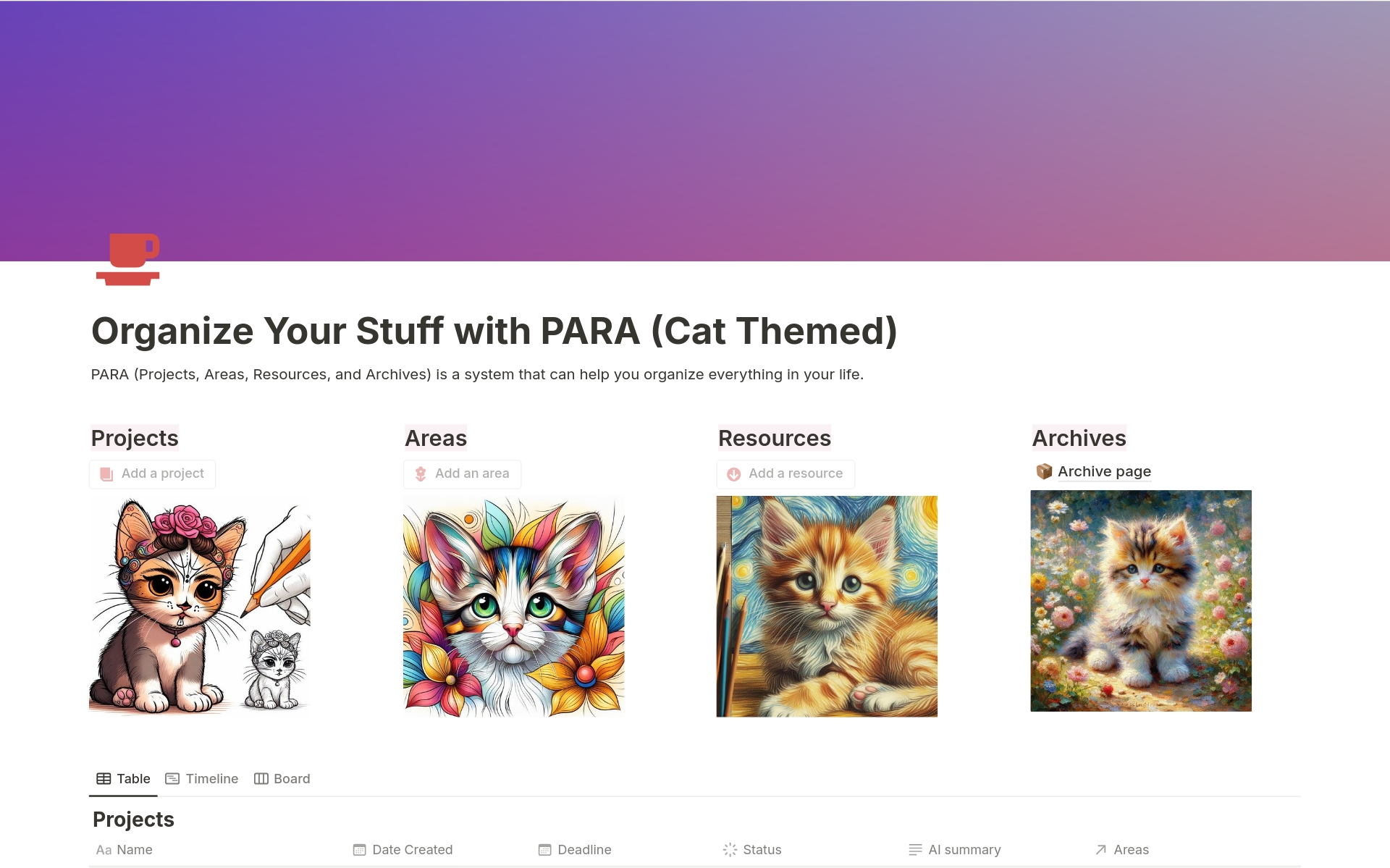 This template helps you to organize your many thoughts, big and small, in four neat boxes: projects, areas, resources and archives.
I used the acronym PARA, coined by Tiago Forte, the author of "Building a Second Brain". 
This template is useful and it is cat themed!