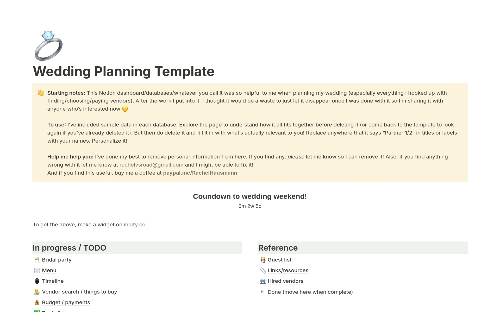 A template preview for Wedding planning