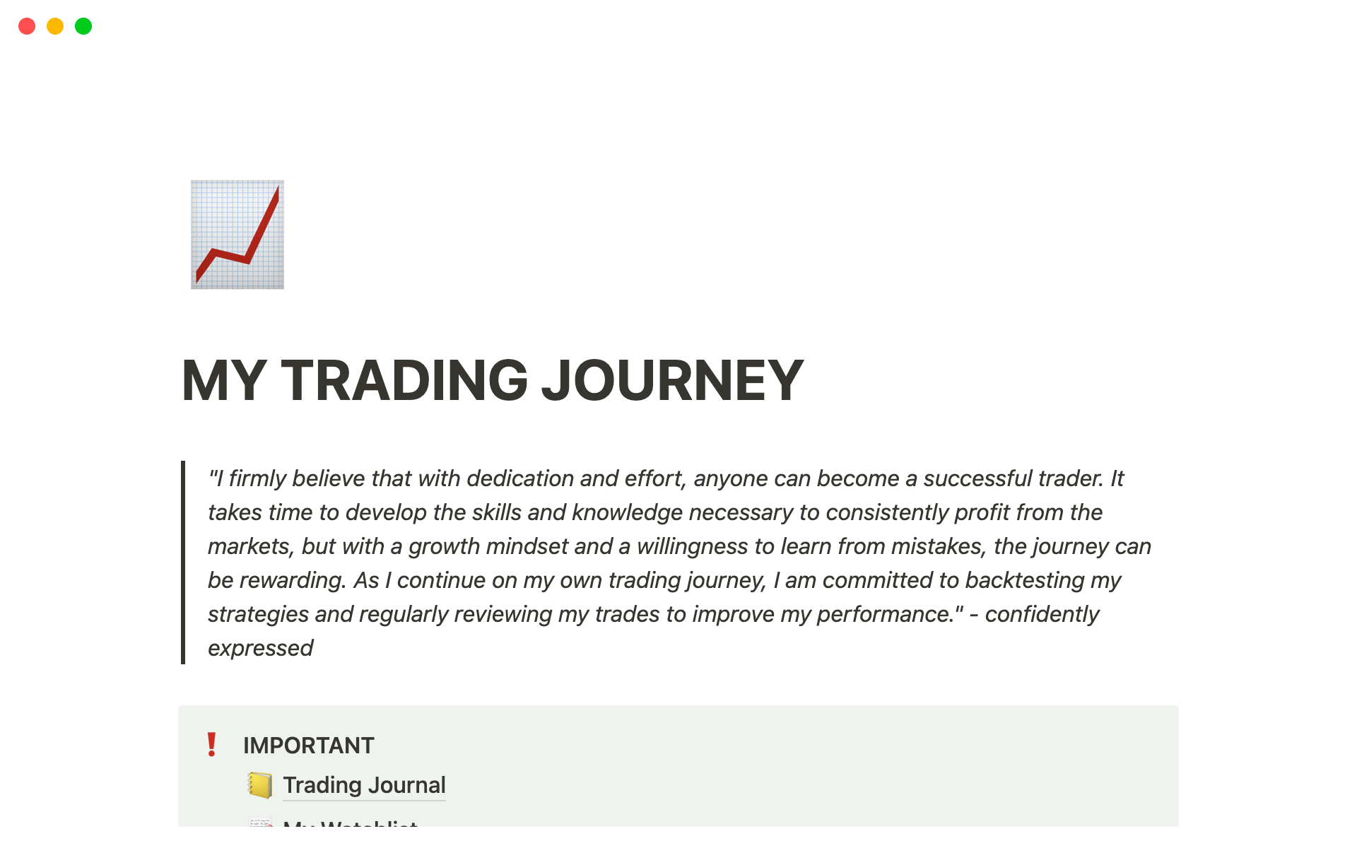 A template preview for My Trading Journey