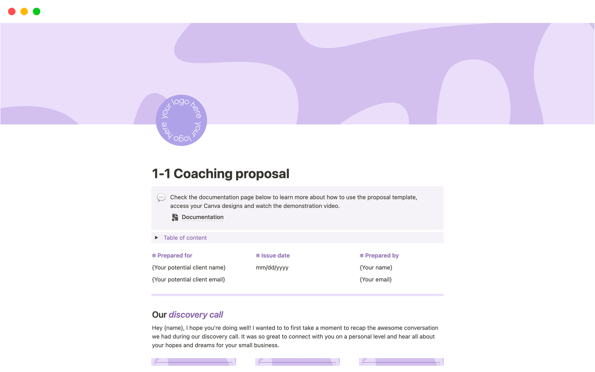 This 1-1 coaching proposal template helps you effortlessly create proposal guides and pitch your coaching program to potential clients