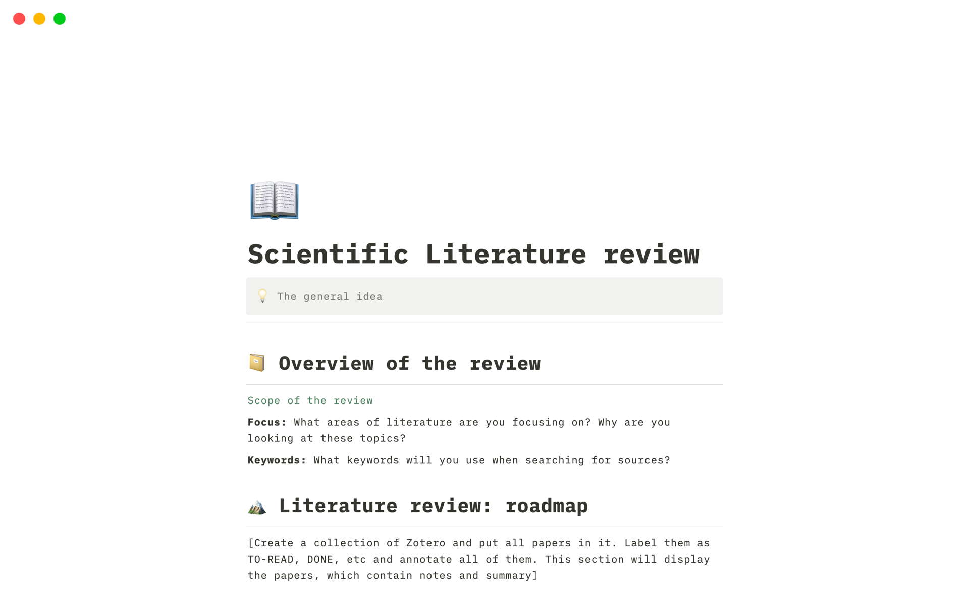 A template preview for Scientific Literature Review