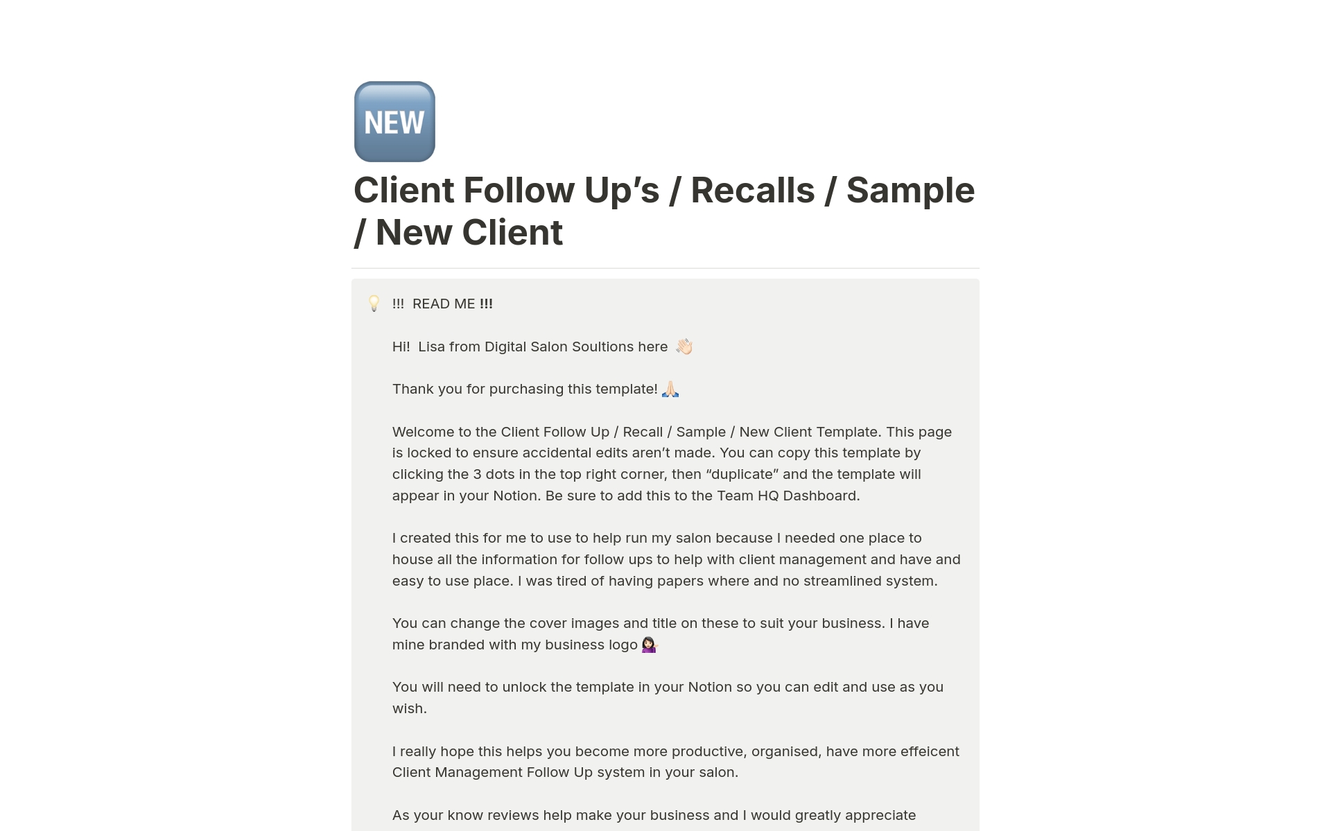 Client follow up template by digital salon solutions notion marketplace