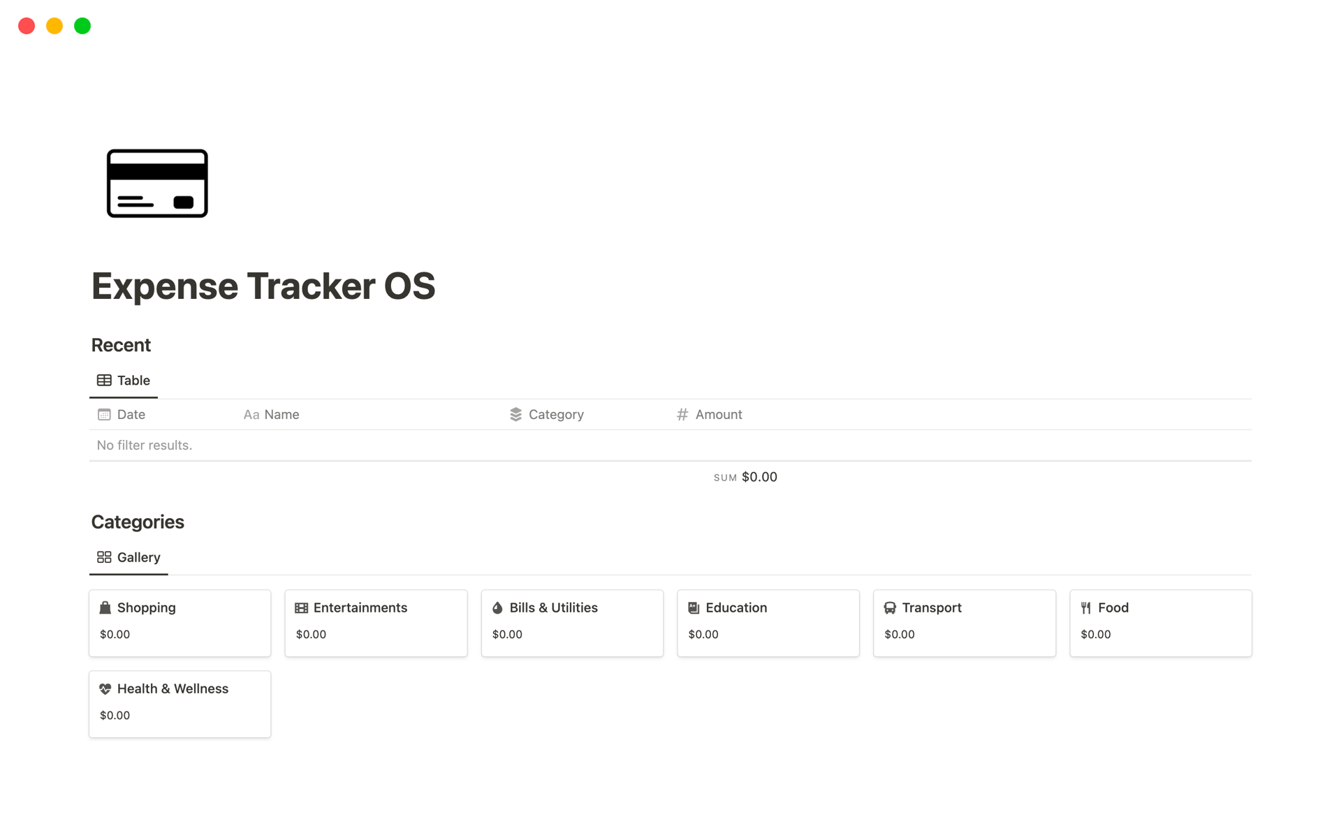 A template preview for Expense Tracker OS