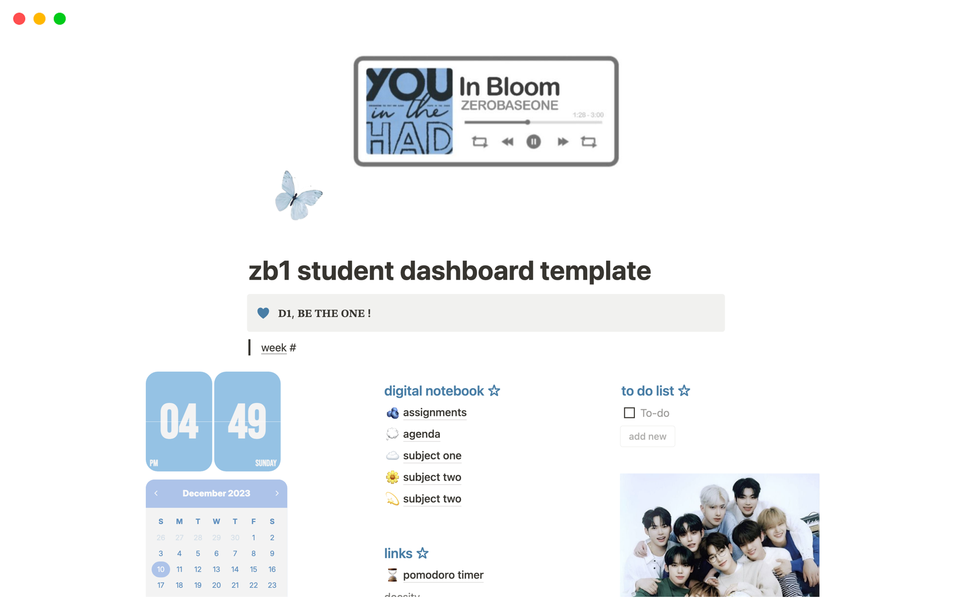 A template preview for zerobaseone/zb1 student dashboard
