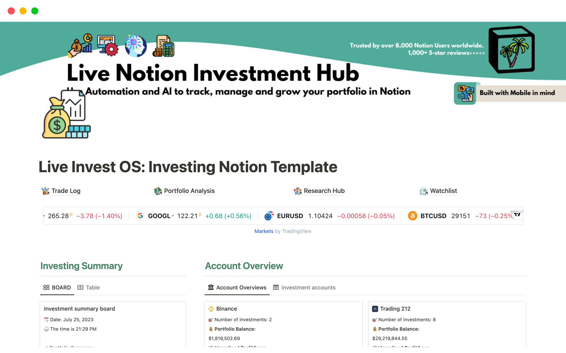 Uma prévia do modelo para Invest OS: Investing Notion Template