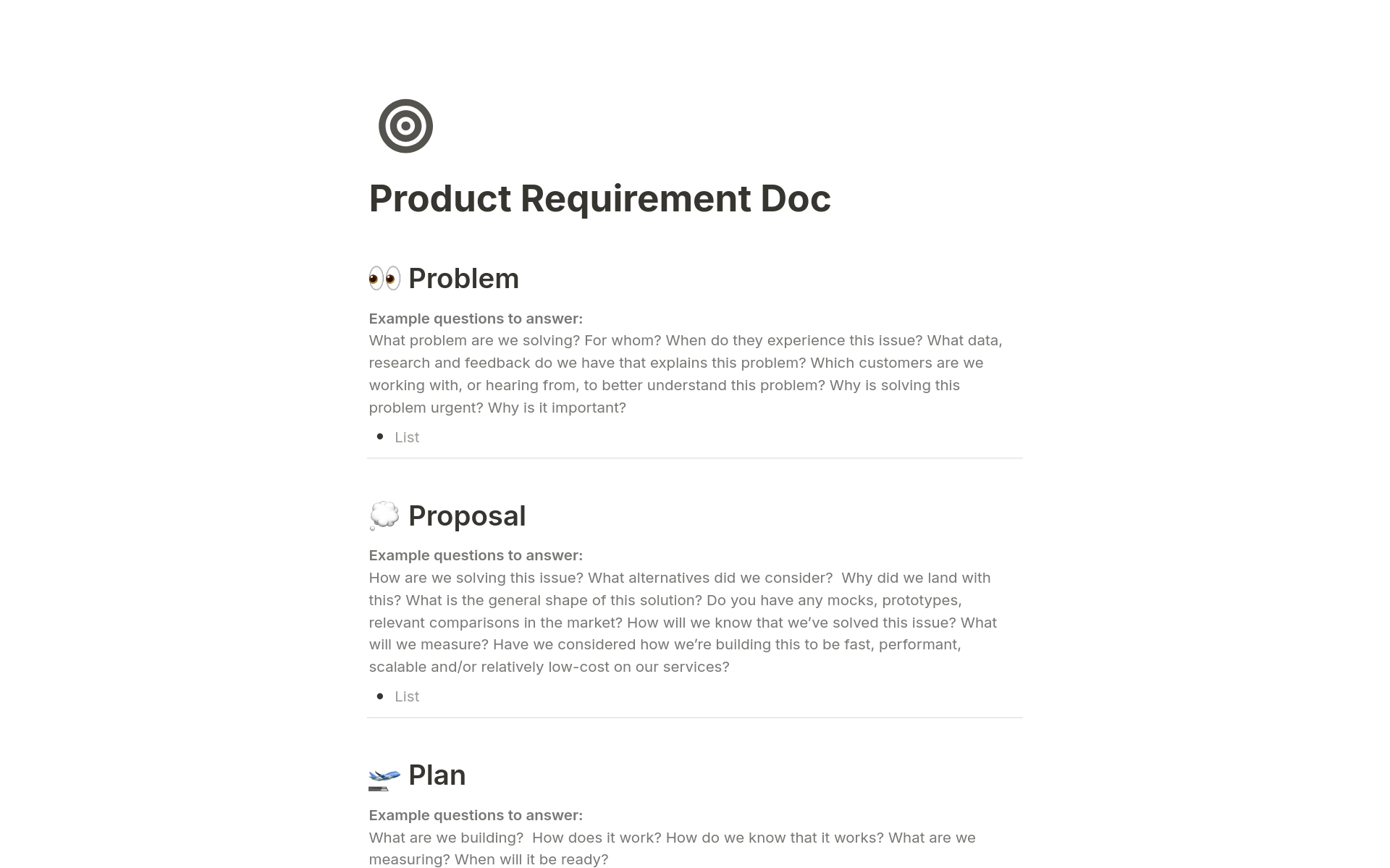 A template preview for Product Requirement Doc