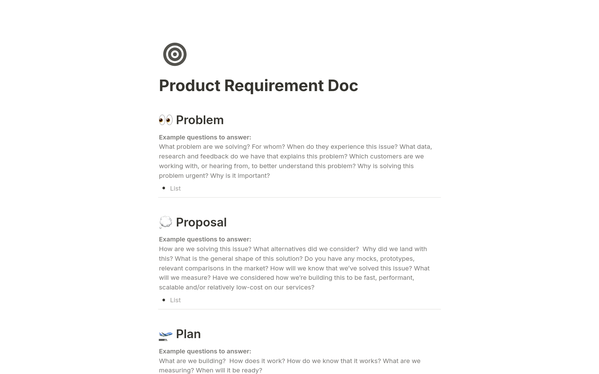 Vista previa de plantilla para Product Requirement Doc