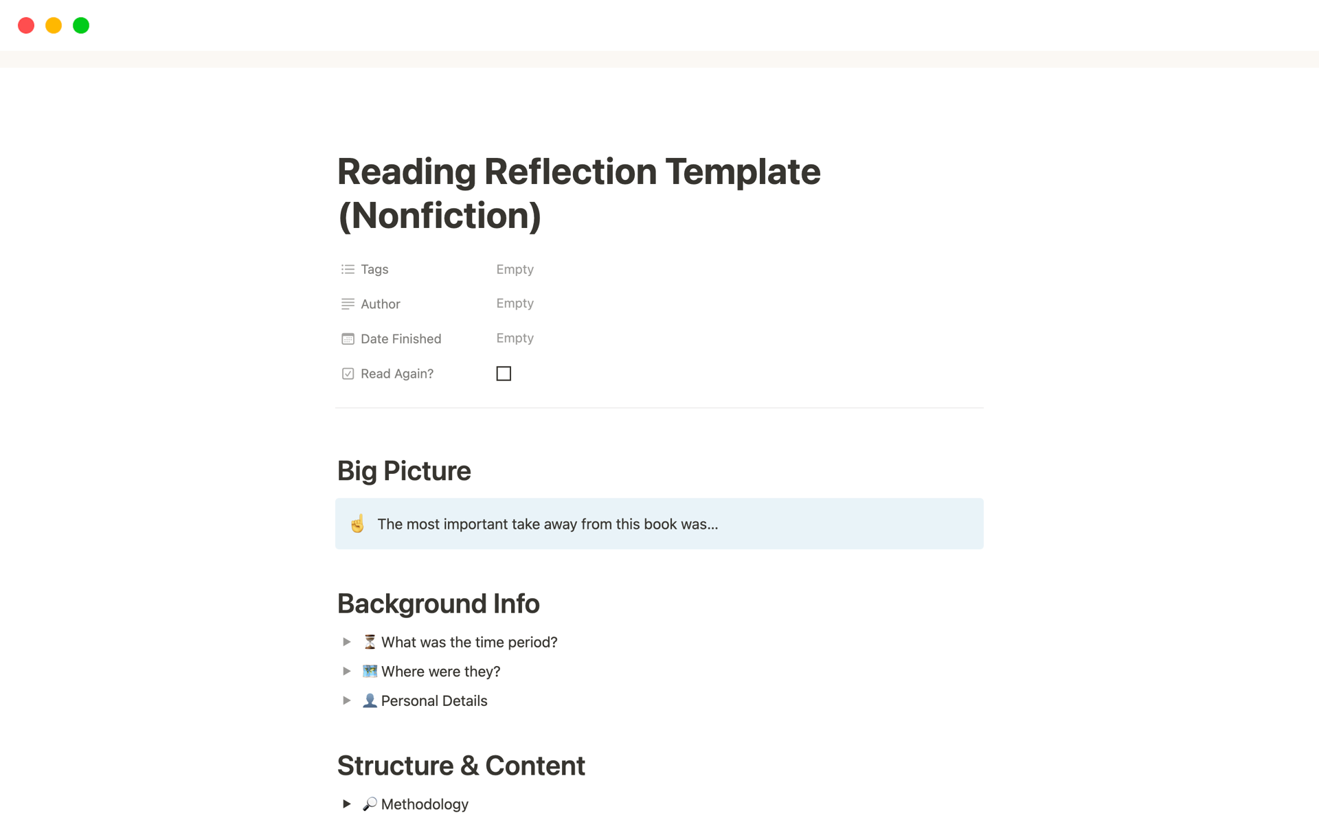 A template preview for Reading Reflections (Nonfiction)