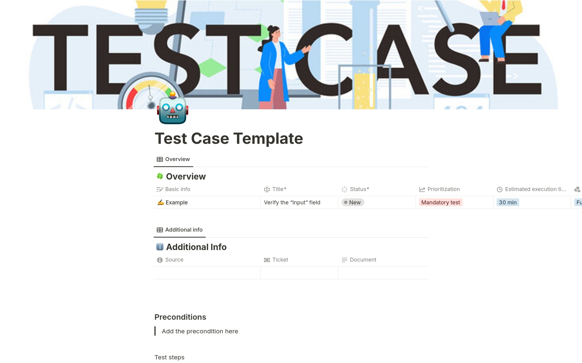 A template preview for Test Case Management 
