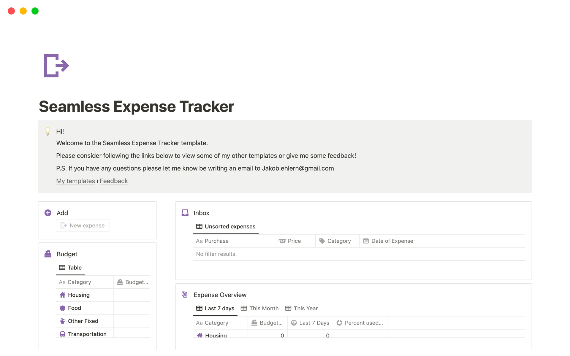 En forhåndsvisning av mal for Seamless Expense Tracker