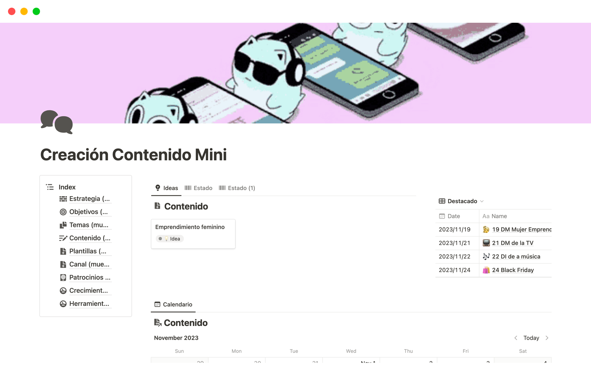 En förhandsgranskning av mallen för Creación Contenido Mini