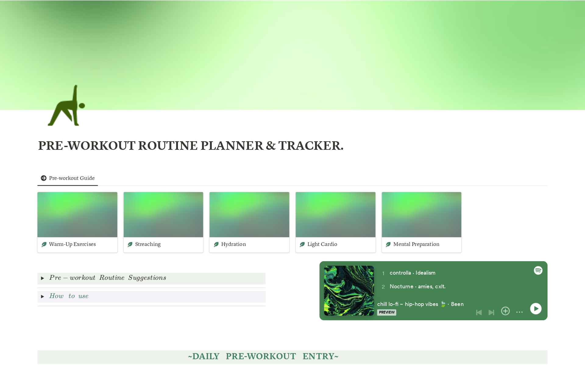 A template preview for Pre Workout Routine Planner & Tracker for Men.