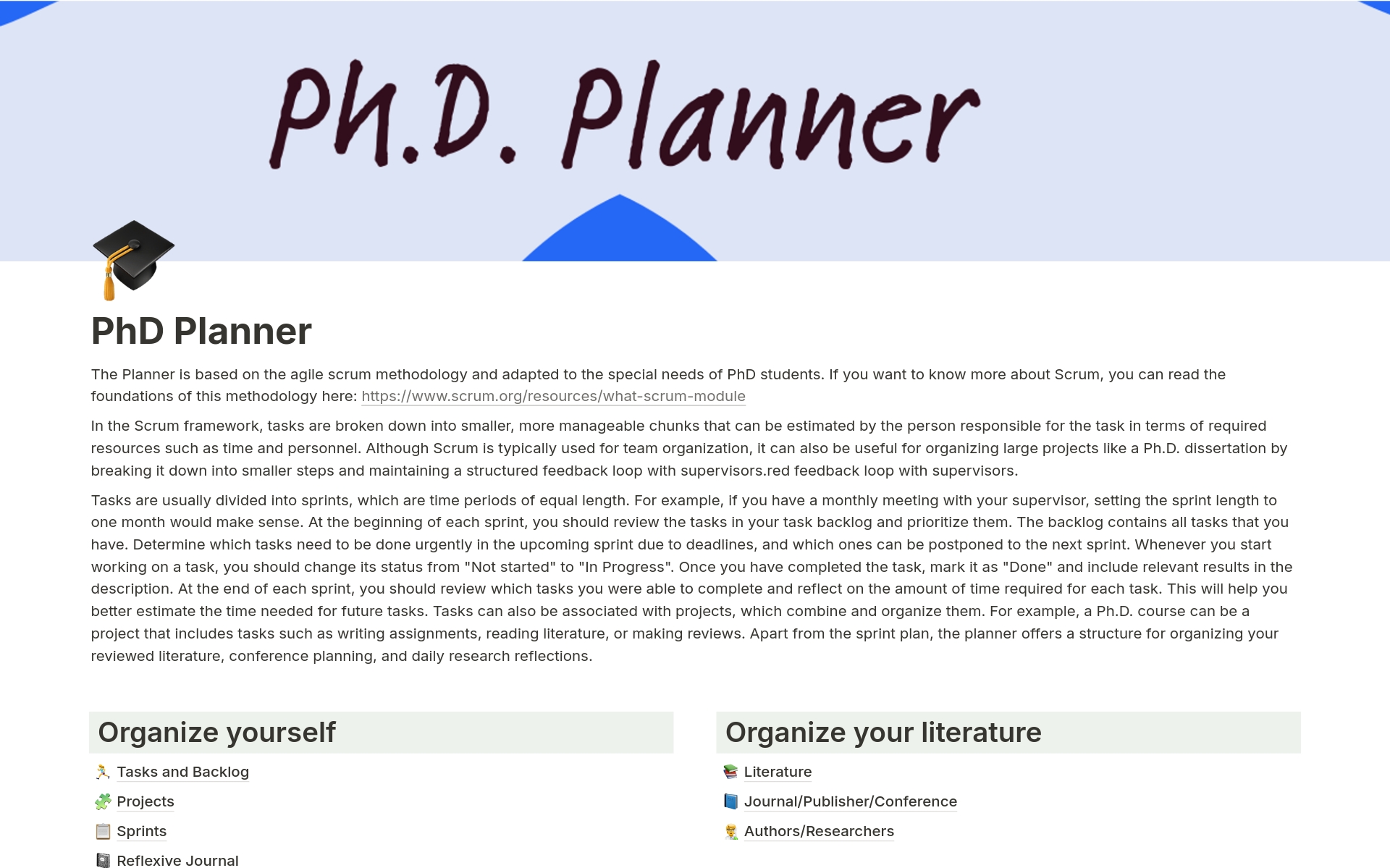 A template preview for PhD Planner and Literature Management