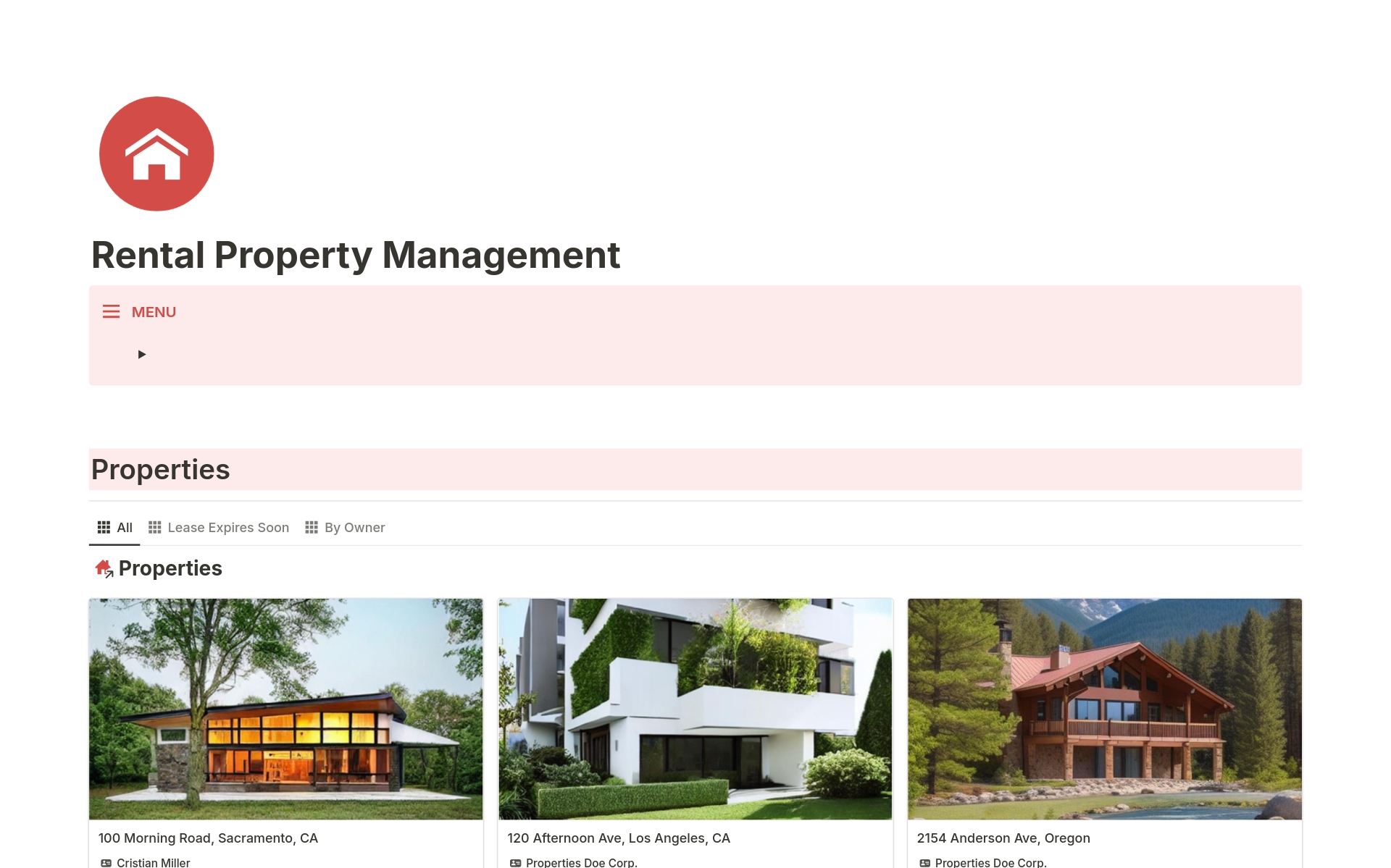 En forhåndsvisning av mal for Rental Property Management