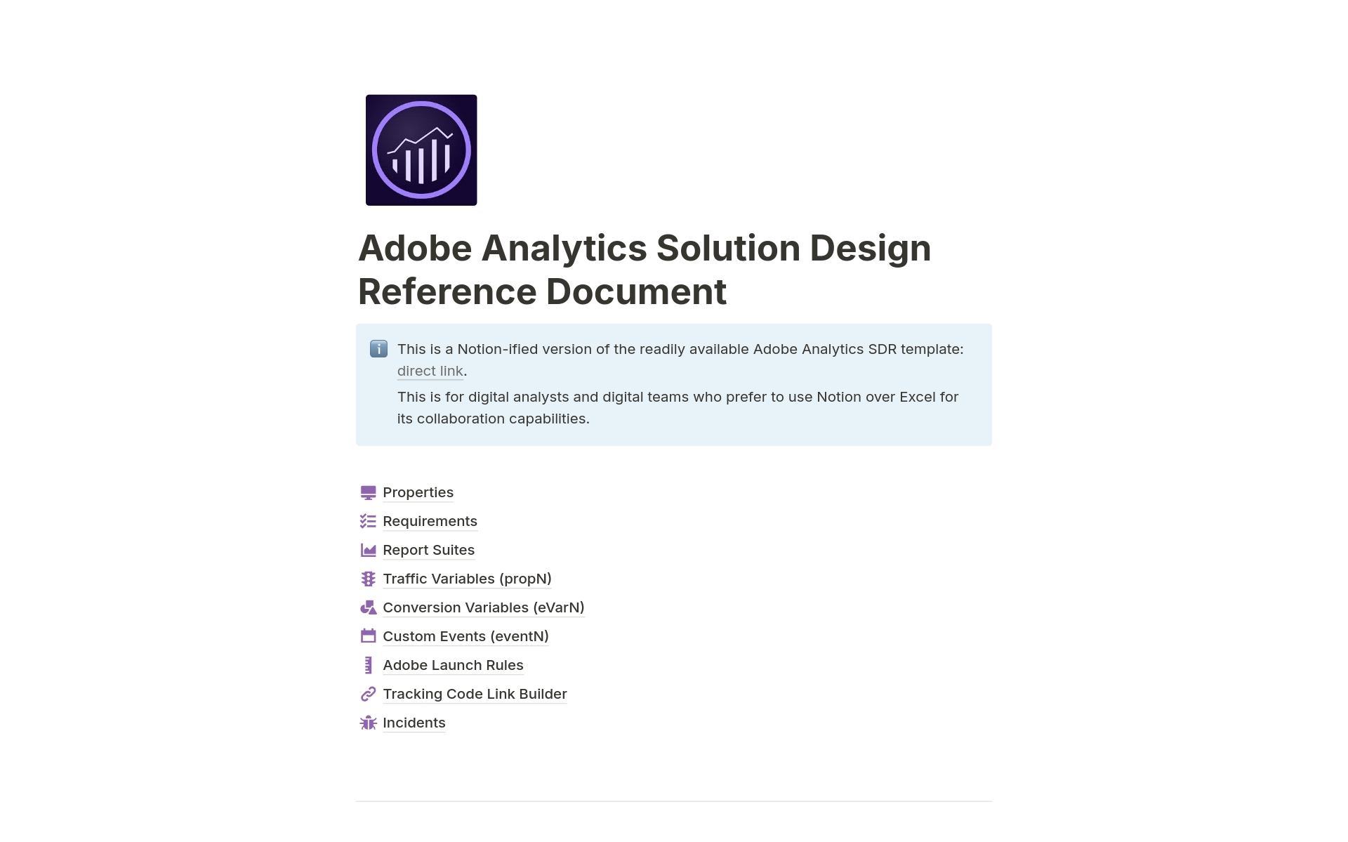 This is a Notion-ified version of the readily available Adobe Analytics SDR template.