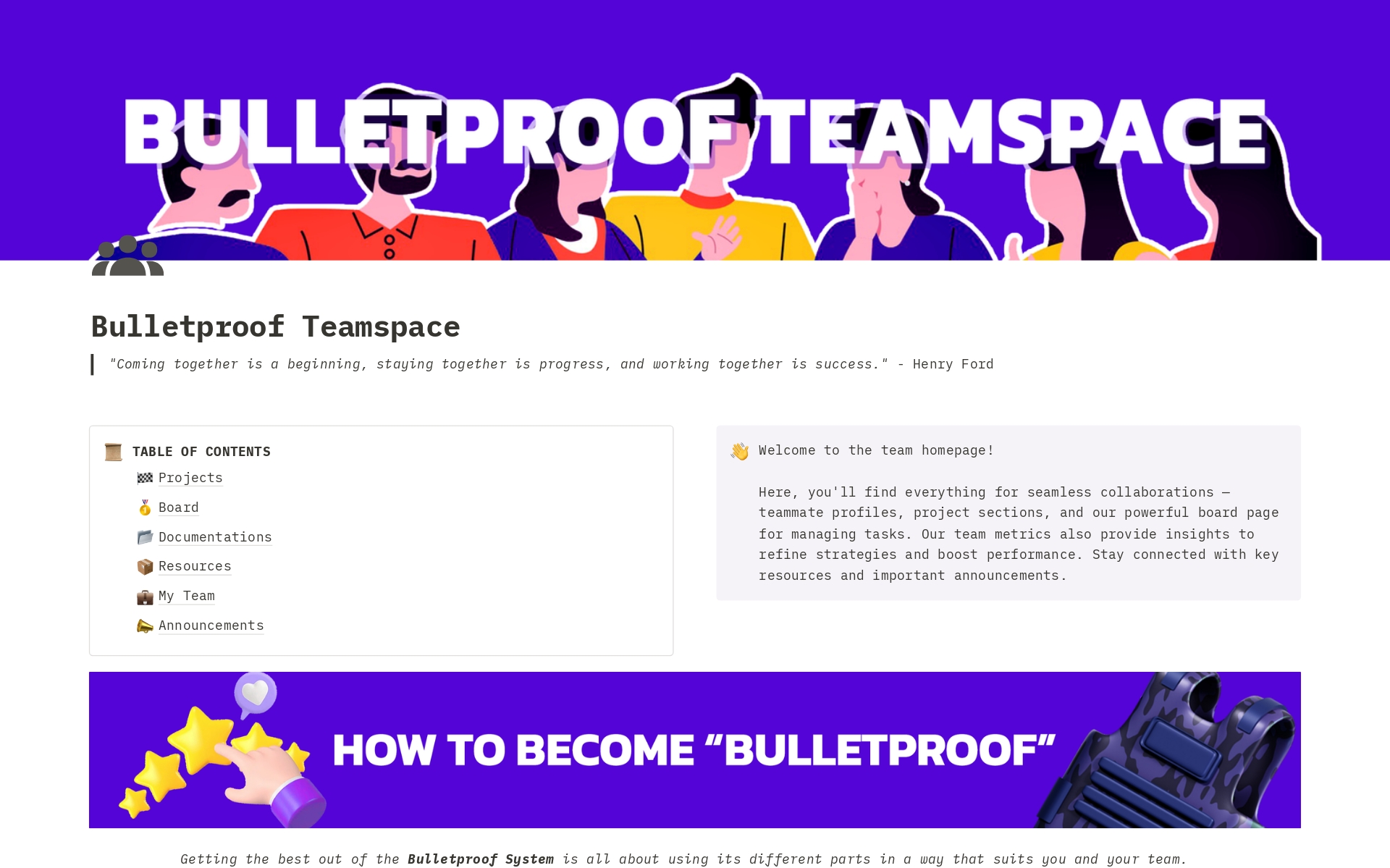 A template preview for Bulletproof Teamspace