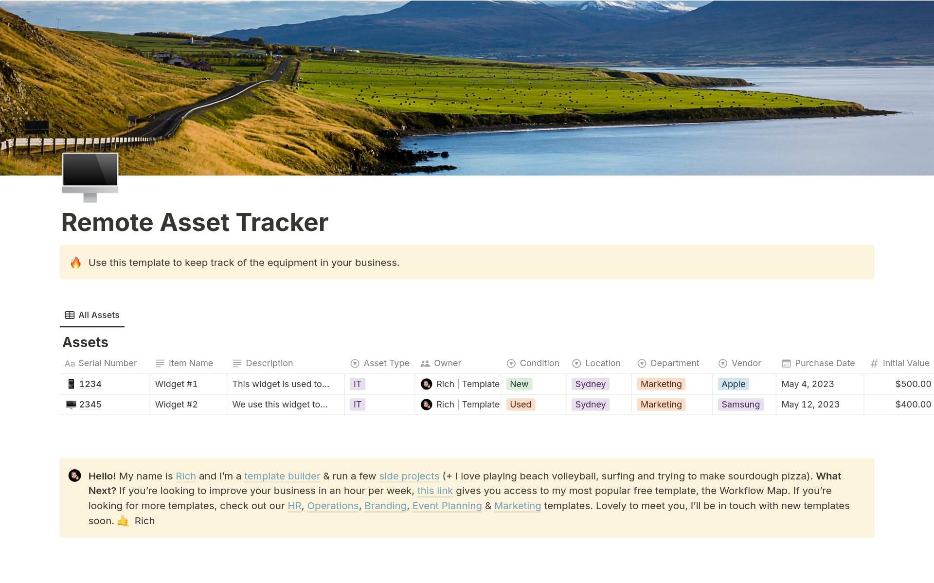 Eine Vorlagenvorschau für Remote Asset Tracker