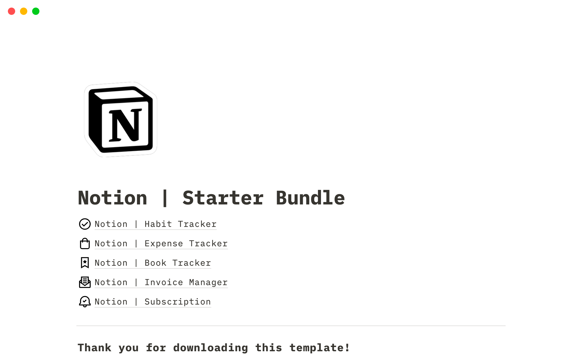 Notion | Starter Bundleのテンプレートのプレビュー