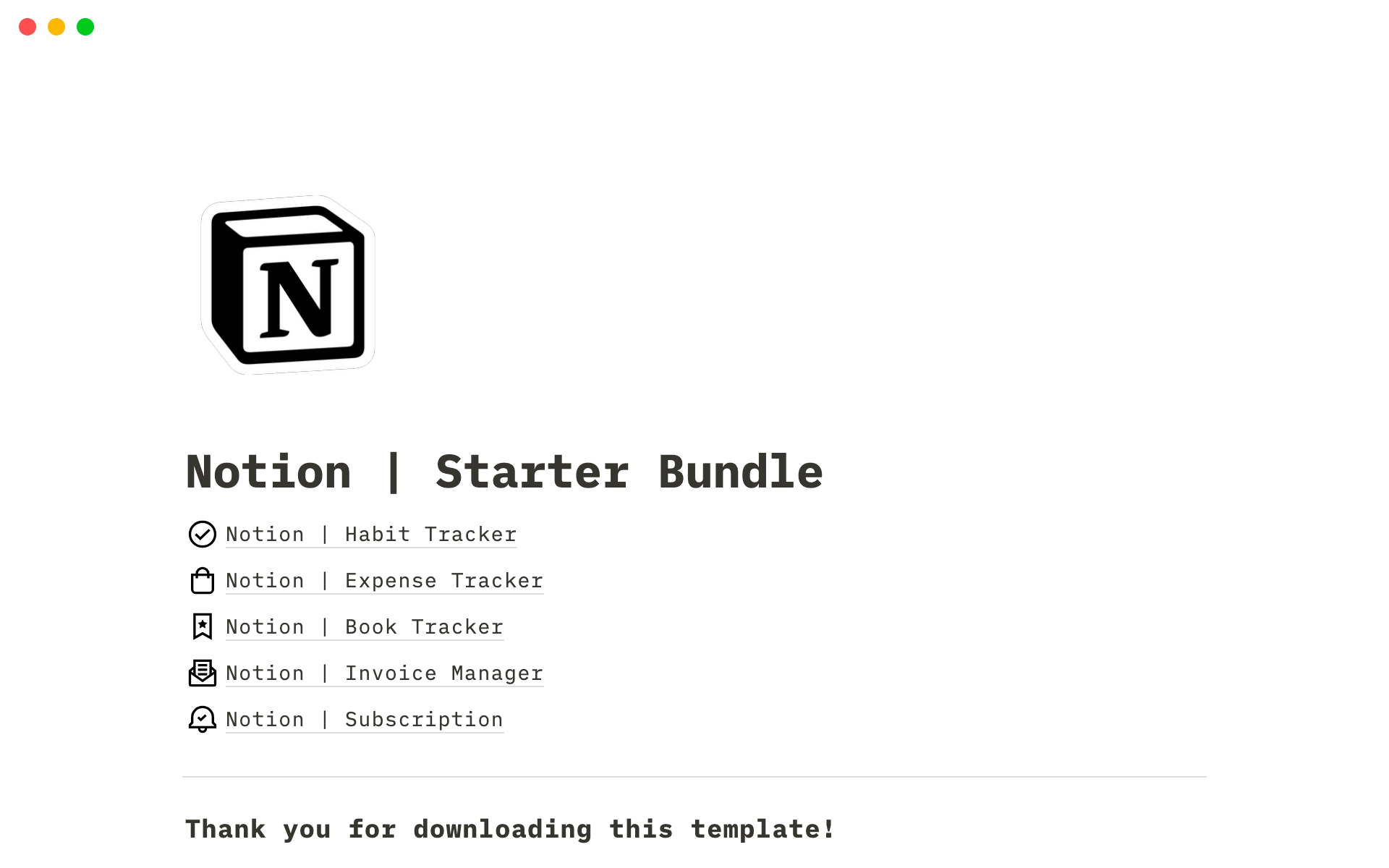 Aperçu du modèle de Notion | Starter Bundle