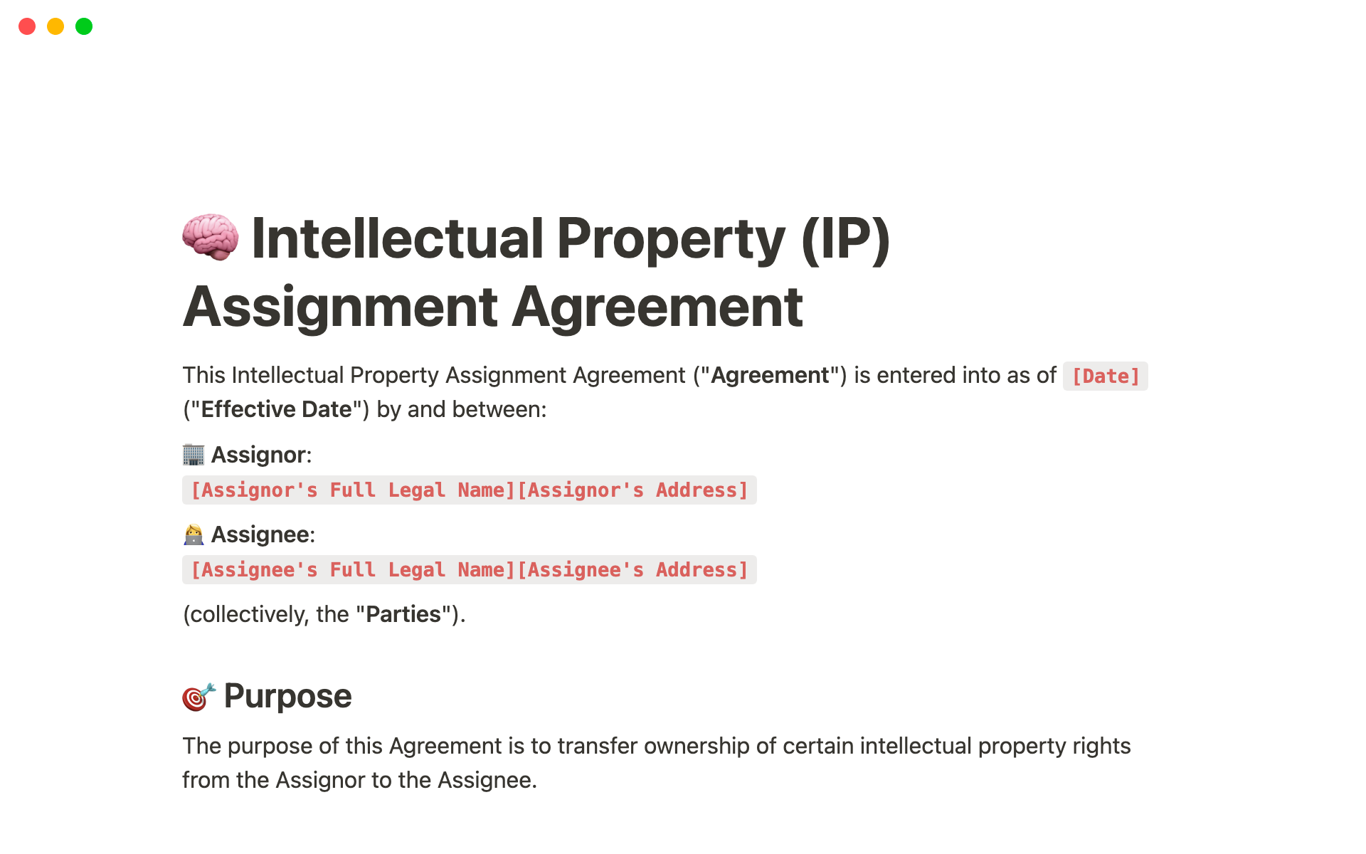 This Intellectual Property (IP) Assignment Agreement template provides a comprehensive outline of terms for transferring ownership of intellectual property rights.