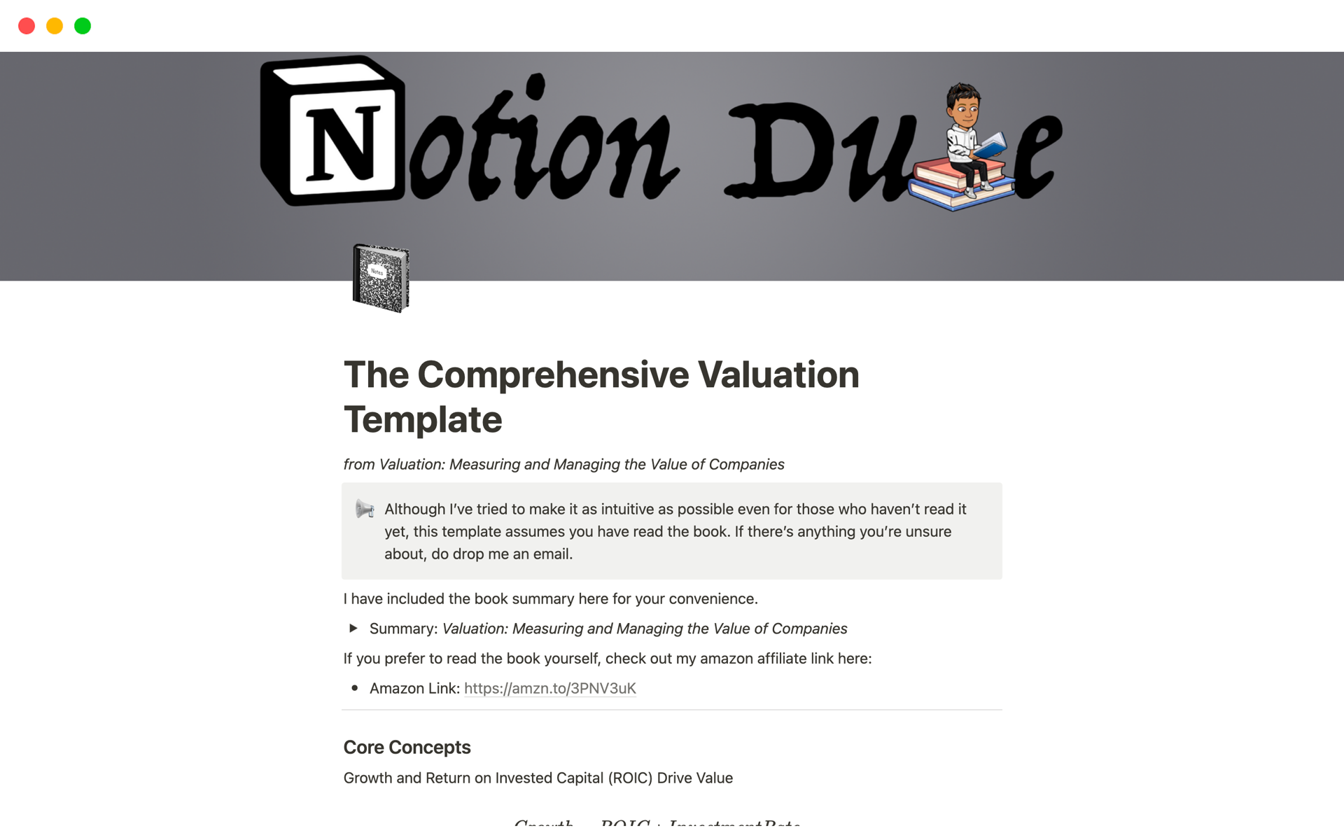 A template preview for The Comprehensive Valuation Template