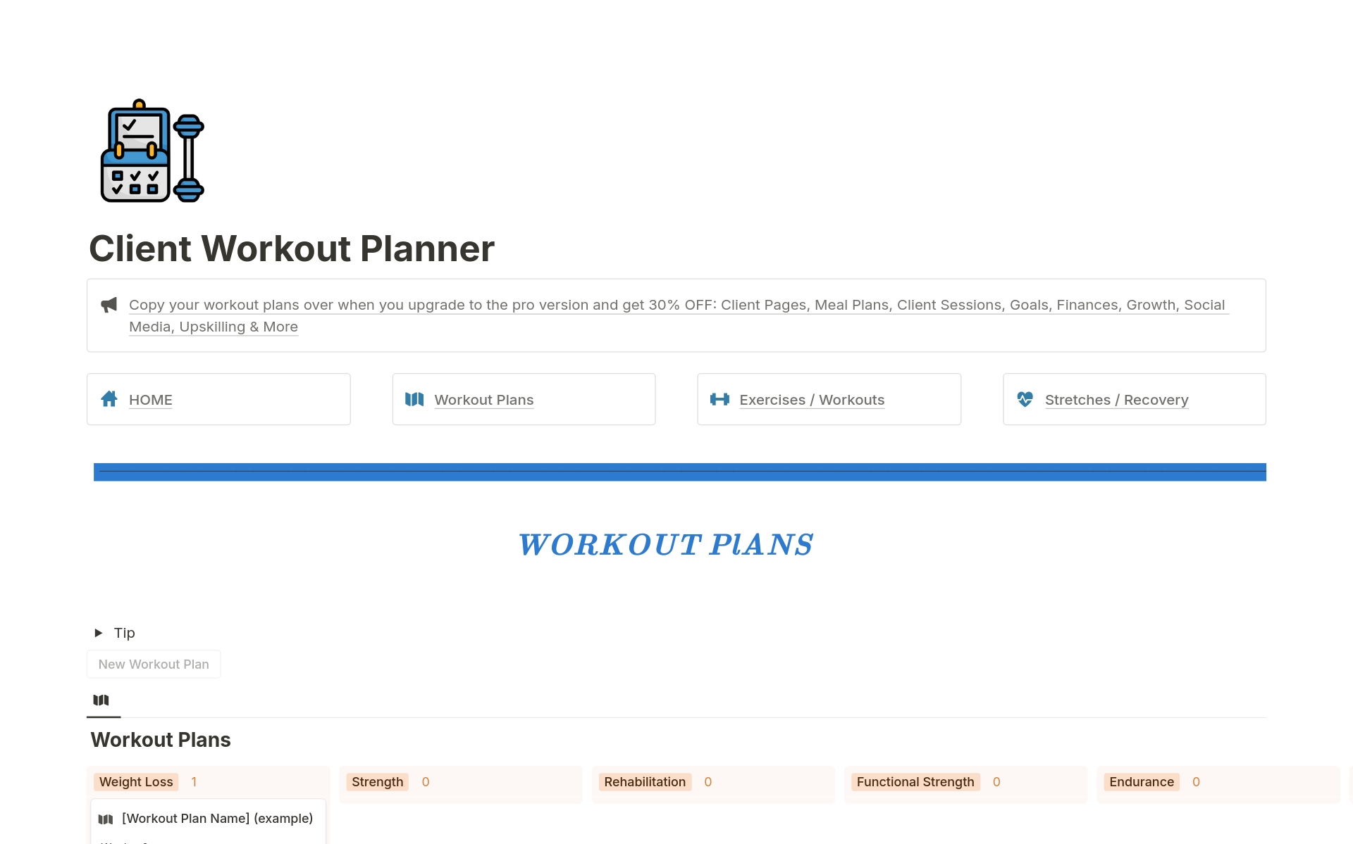 Client Workout Planner is a template for personal trainers or coaches who want to create workout plans aimed at achieving various goals (weight loss, muscle gain etc) that can be easily assigned to clients. 
