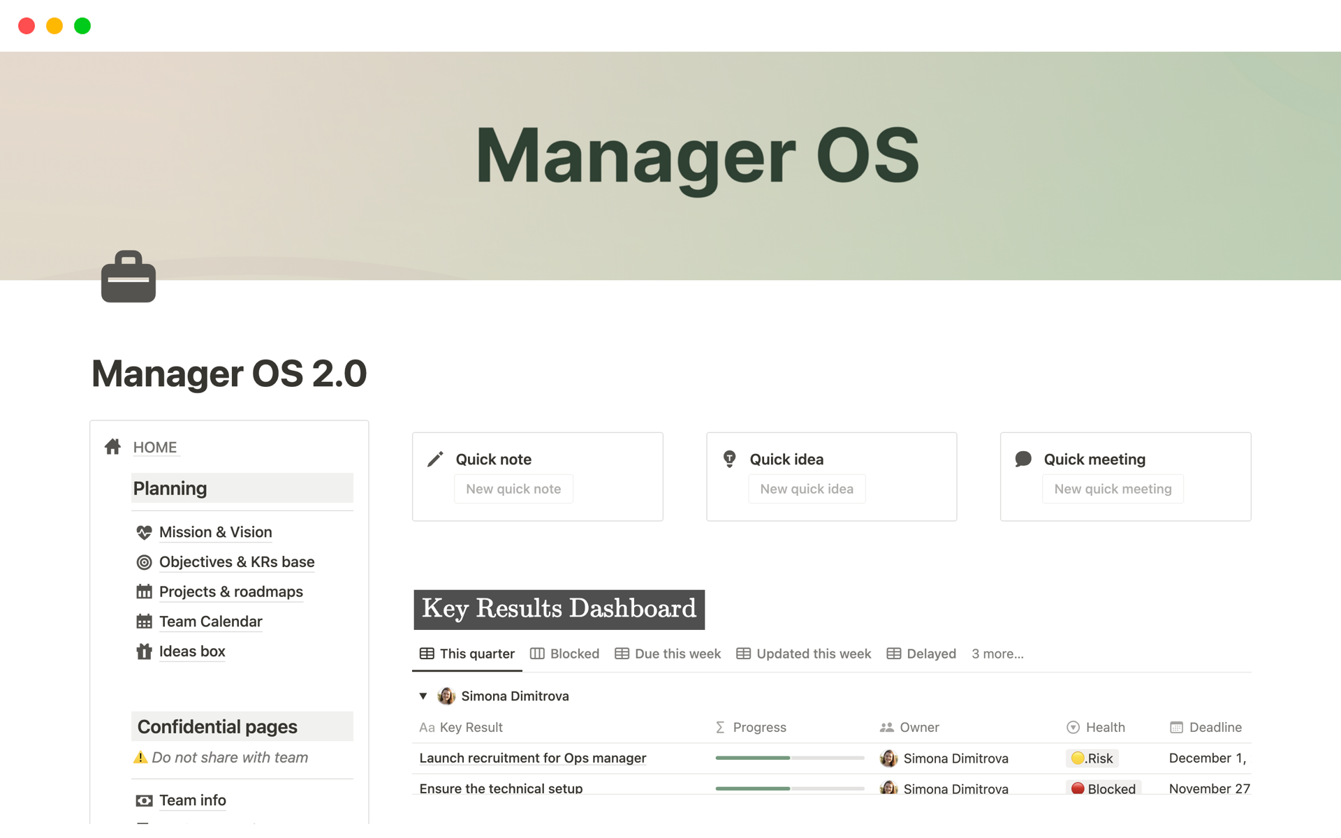 The workspace for people managers:  manage projects, objectives, skills, recruitment, and talent.  Day by day, week by week, quarter by quarter.