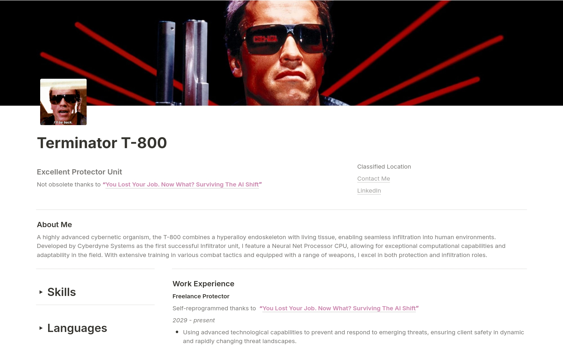 CV with AI prompts for inspiration to update your resume. Instead of using a "lorem ipsum" text, you'll find T-800's resume (from The Terminator) for your amusement. Happy editing!