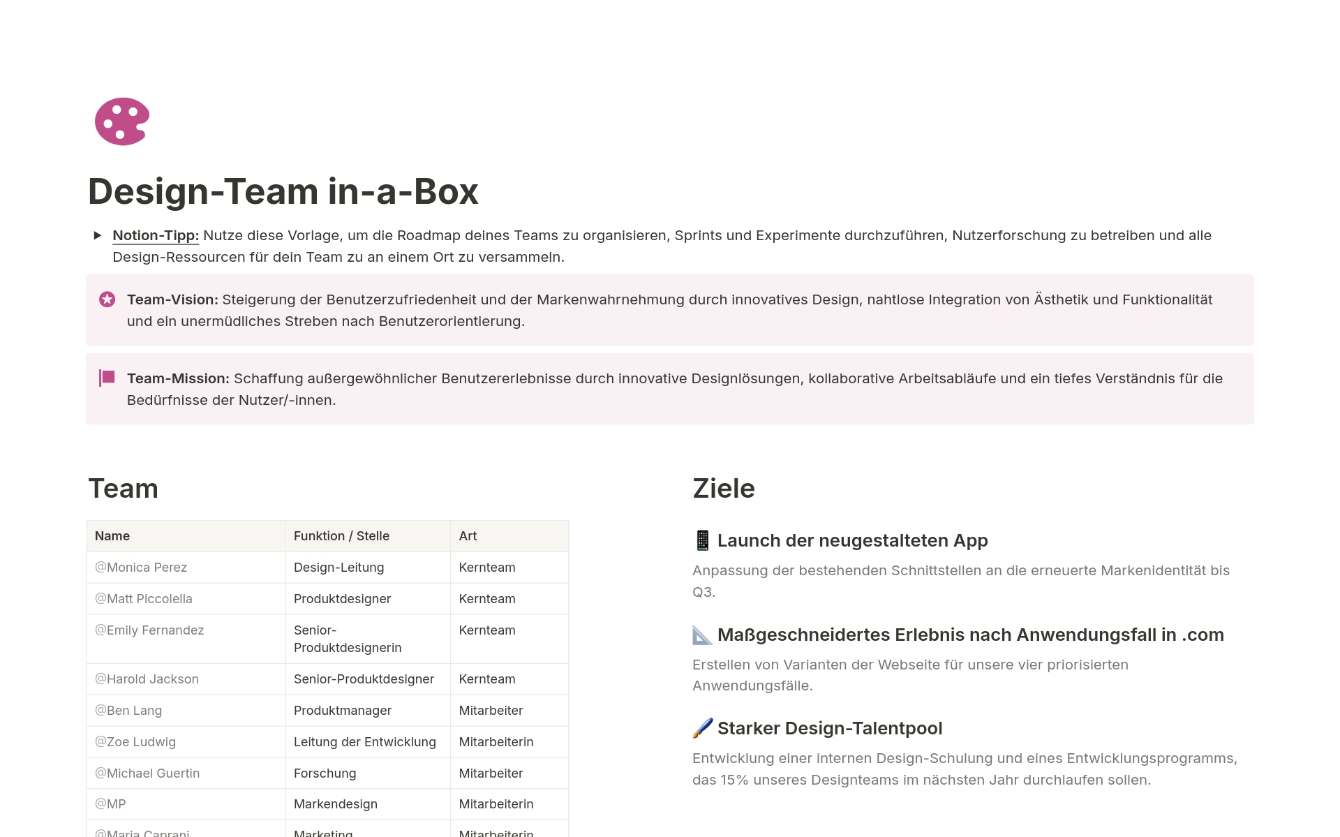 Eine Vorlagenvorschau für Design-Team in-a-Box