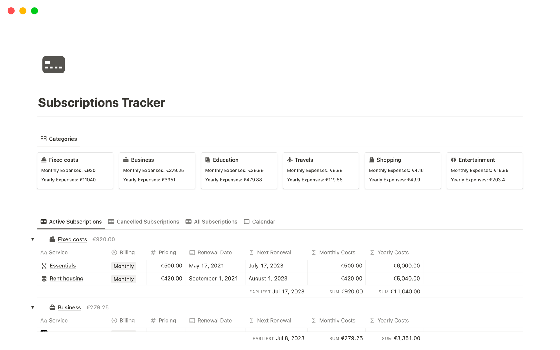 A template preview for Subscriptions Tracker