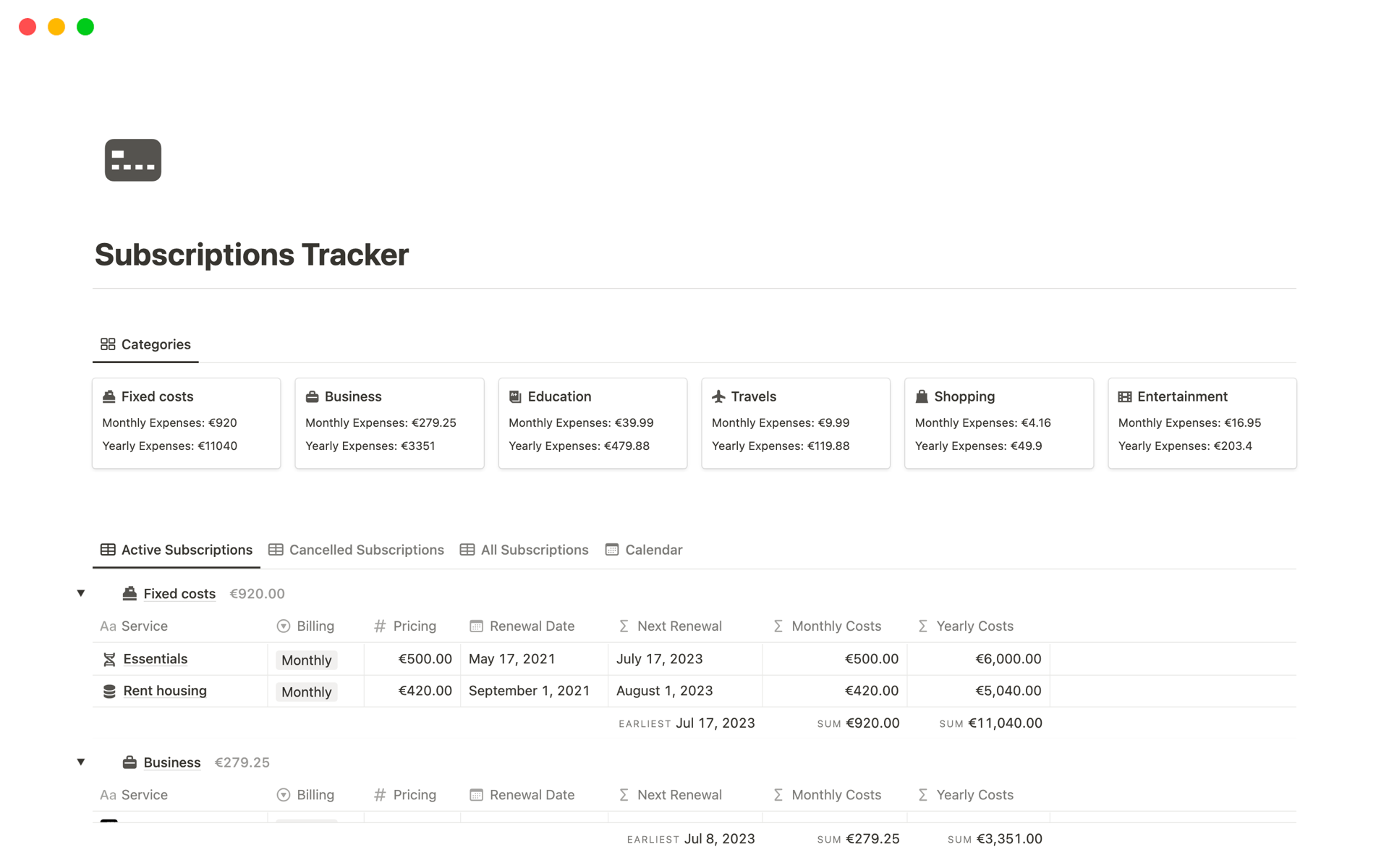 Vista previa de plantilla para Subscriptions Tracker