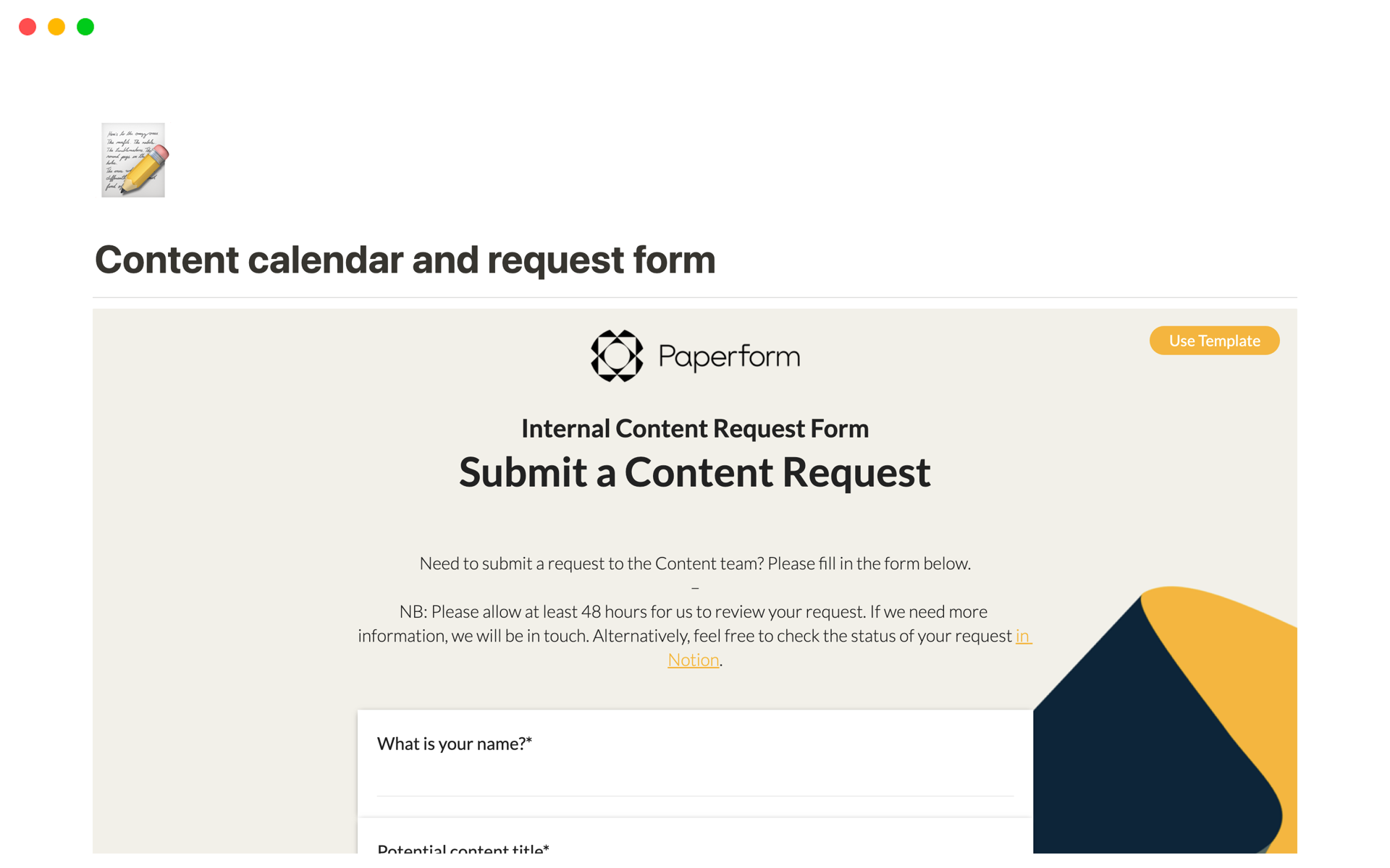 A template preview for Content calendar and request form