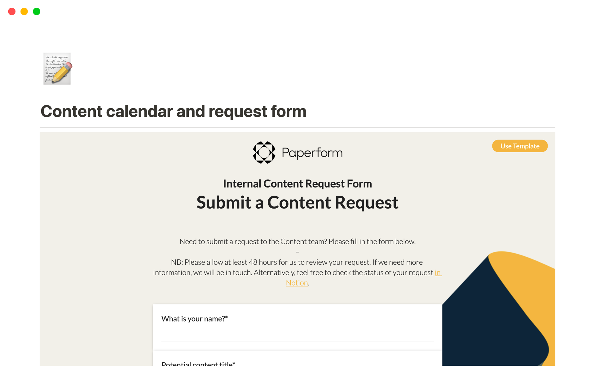 Vista previa de una plantilla para Content calendar and request form