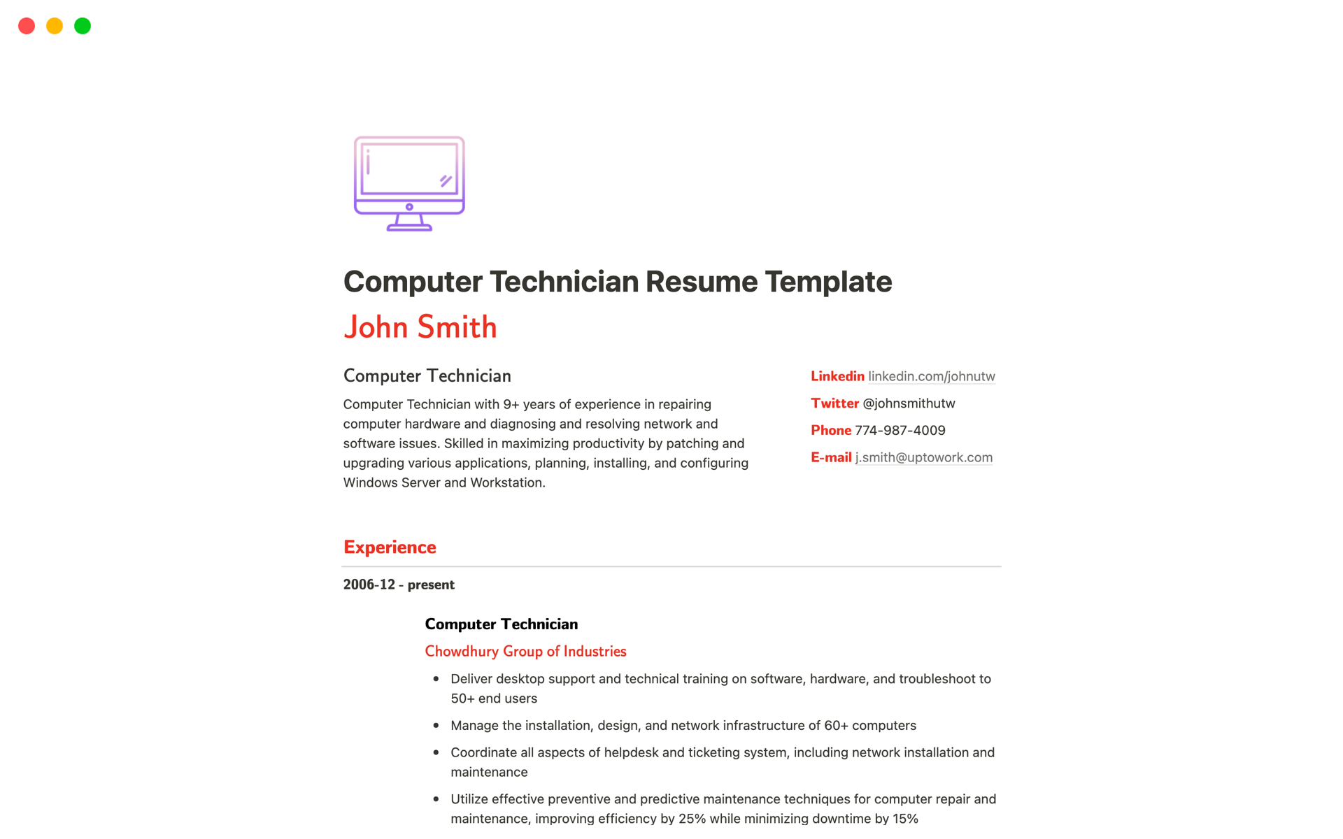 A template preview for Computer Technician Resume