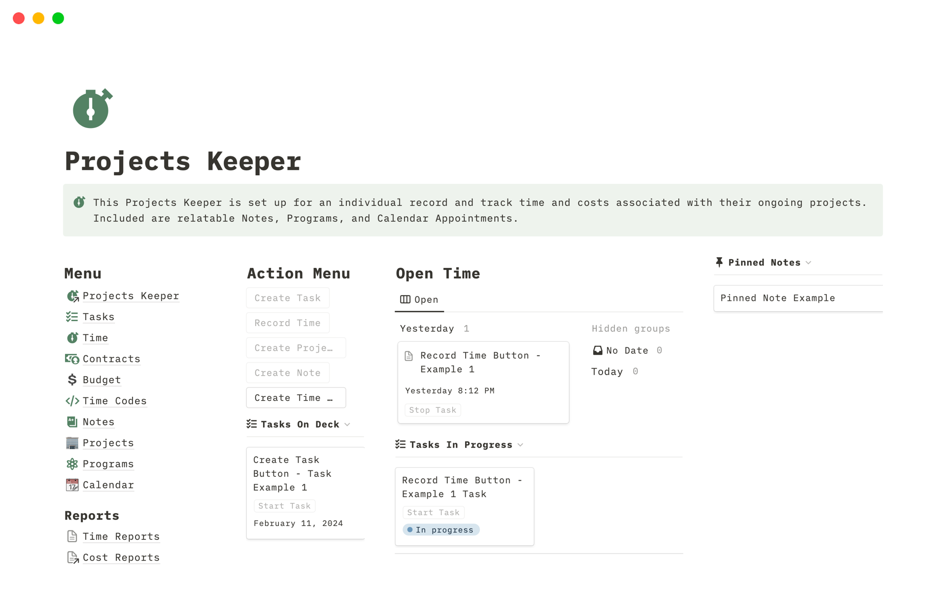 A template preview for Projects Keeper