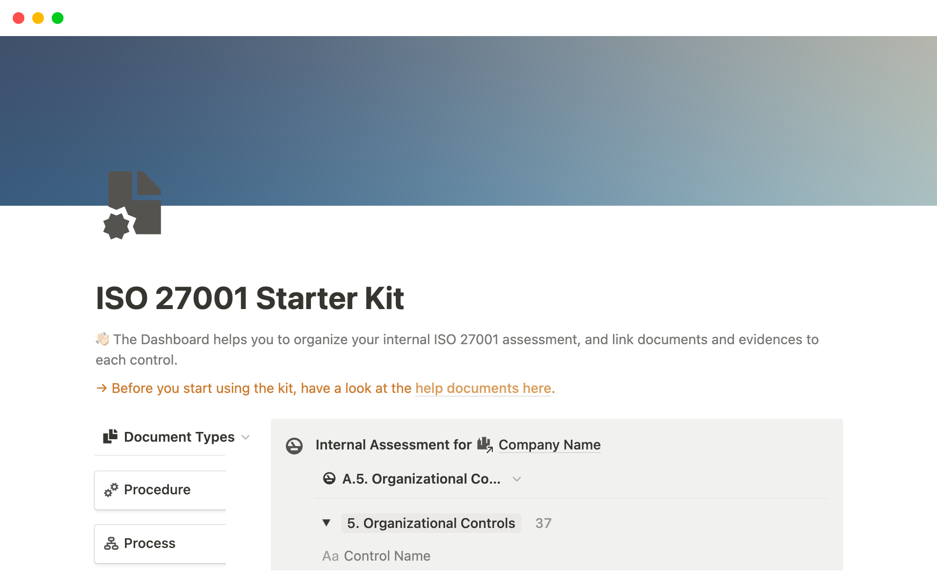 En forhåndsvisning av mal for ISO 27001 Starter Kit