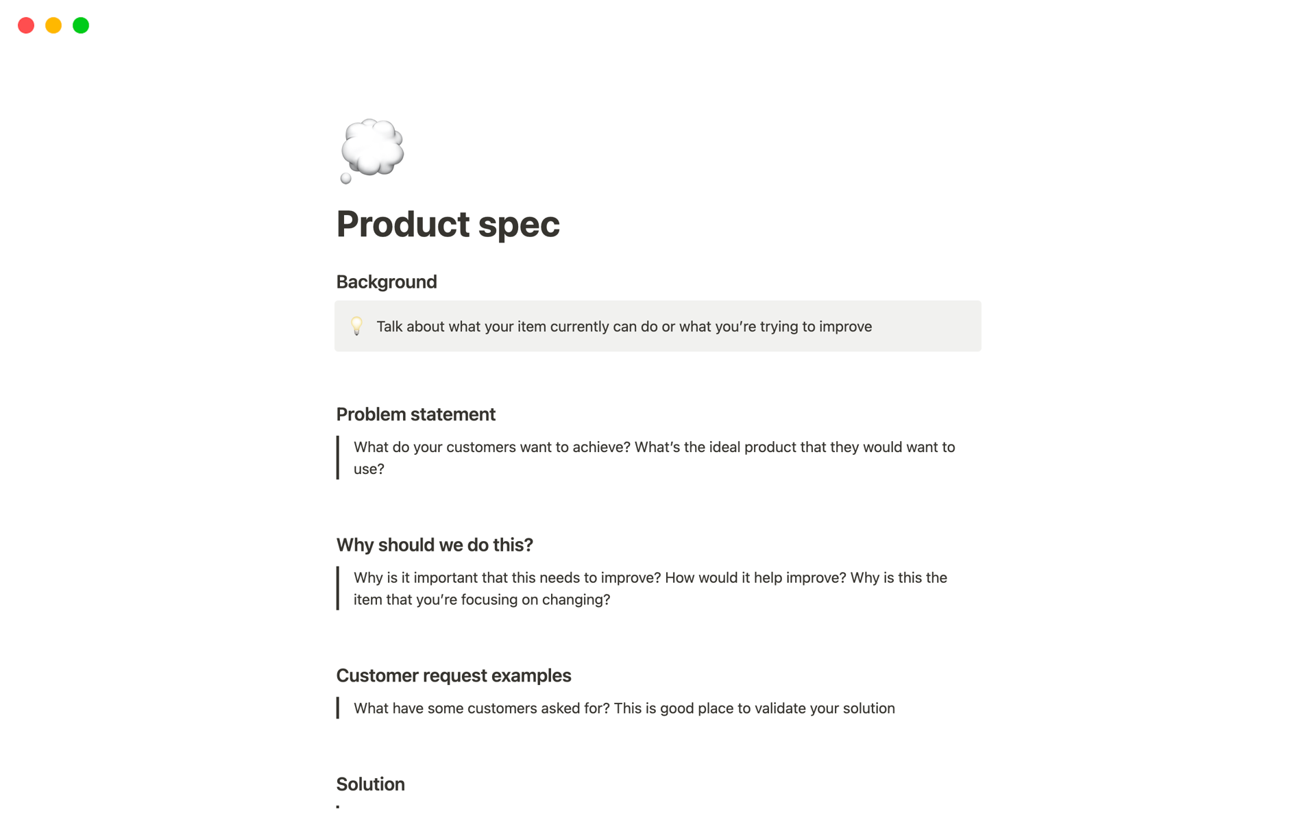 A template preview for Product spec