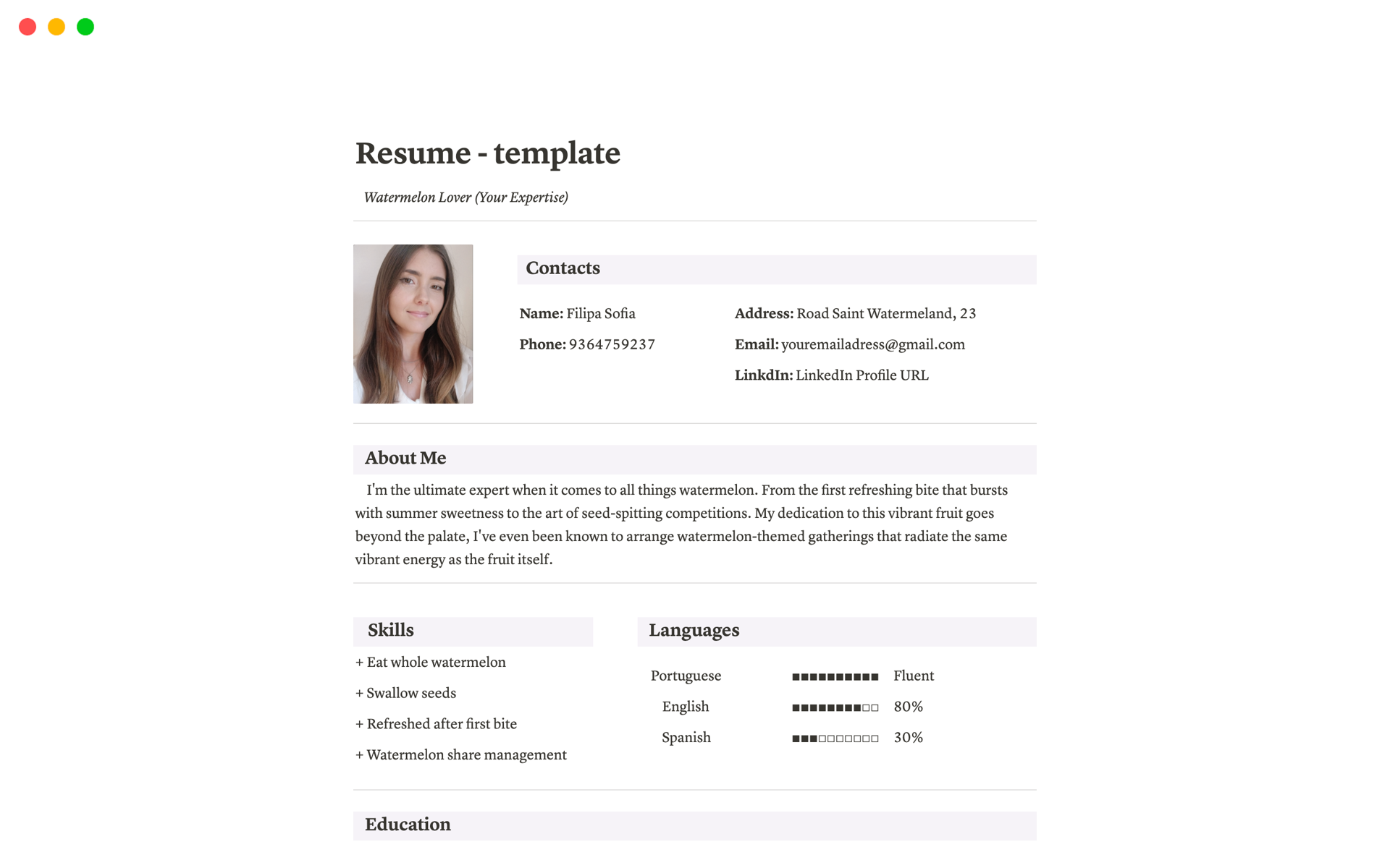 A template preview for Resumé