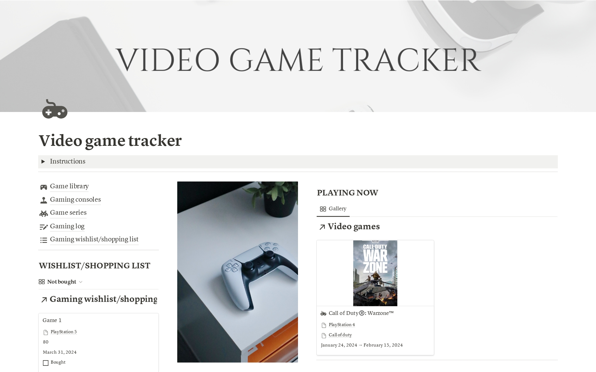 A template preview for Video game tracker