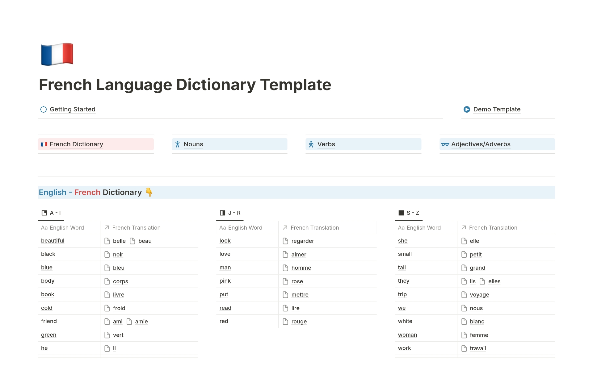 Vista previa de una plantilla para Mastering French: Comprehensive Dictionary